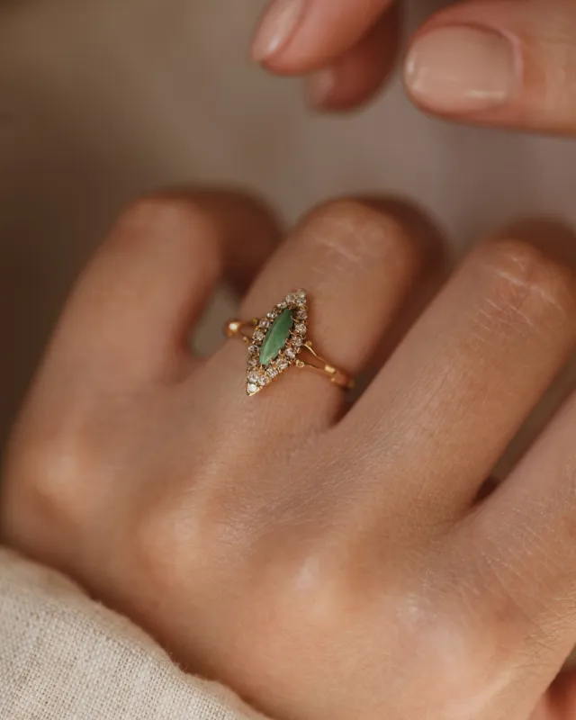 Corrine Antique 18ct Gold Turquoise & Diamond Marquise Cluster Ring sold by Rock n Rose