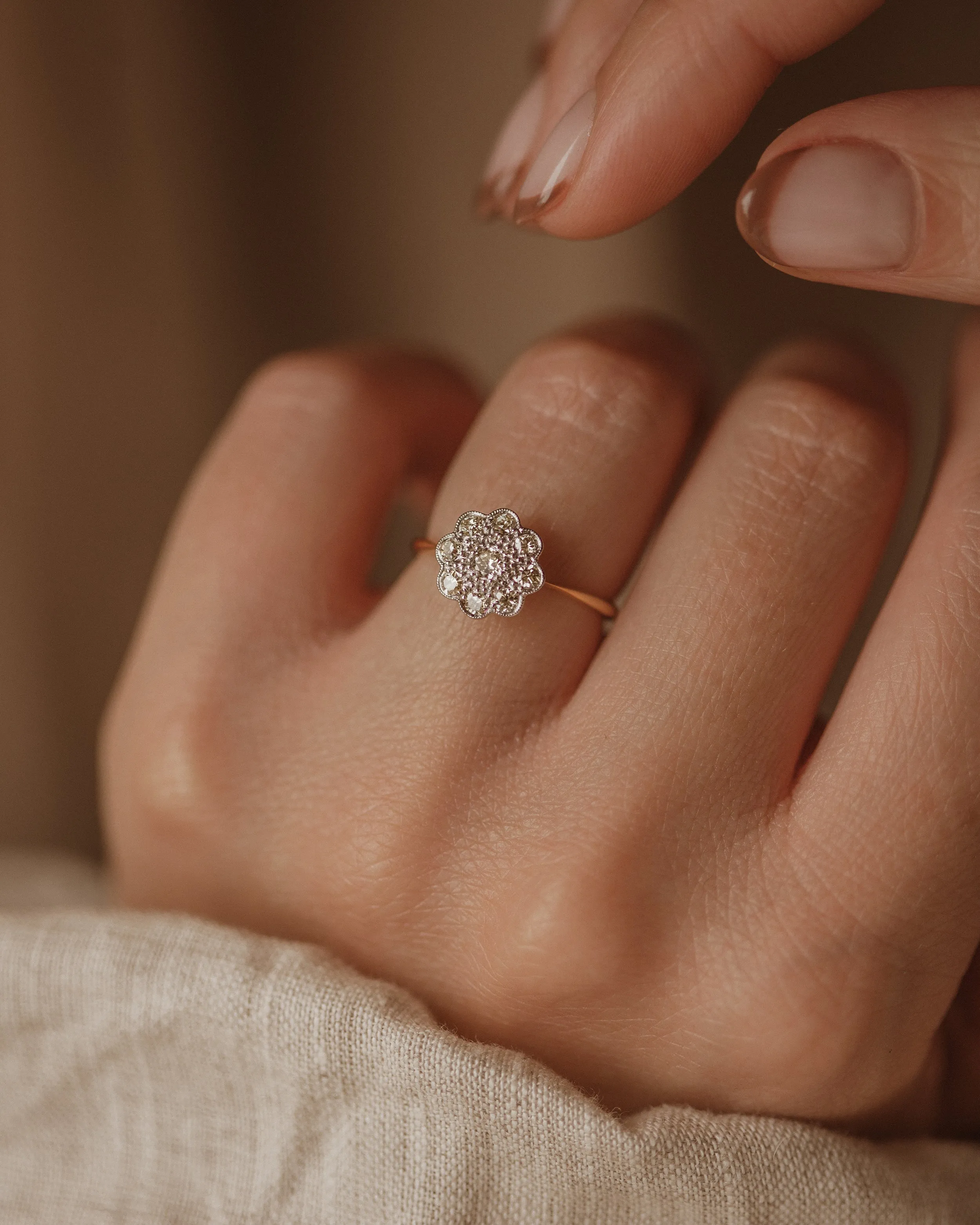 Olivia Antique 18ct Gold Diamond Daisy Cluster Ring sold by Rock n Rose