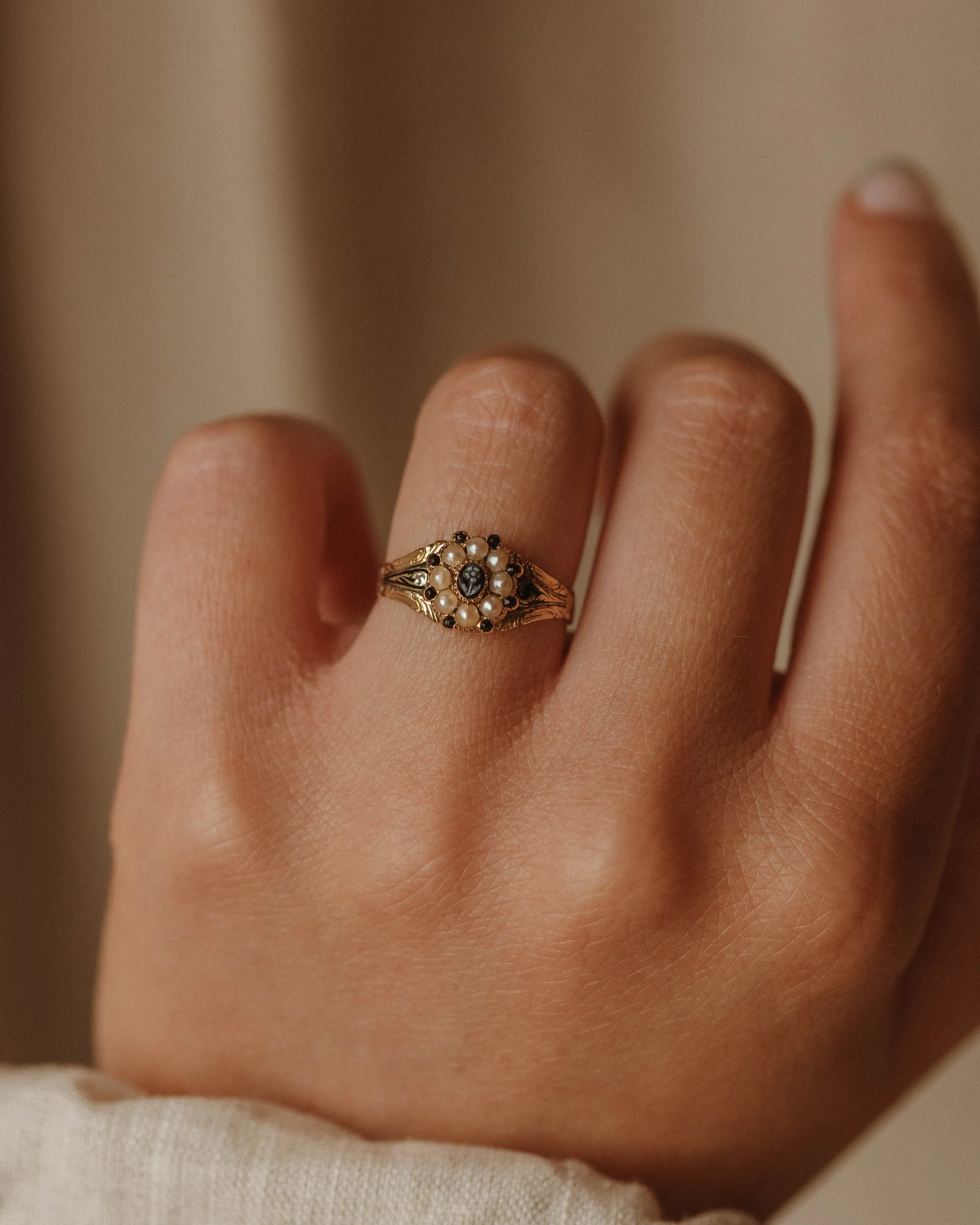 Evelina Antique Georgian Onyx, Enamel & Pearl Ring sold by Rock n Rose