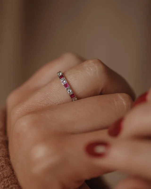 Georgette Antique Art Deco 9ct White Gold Ruby & Paste Full Eternity Ring sold by Rock n Rose