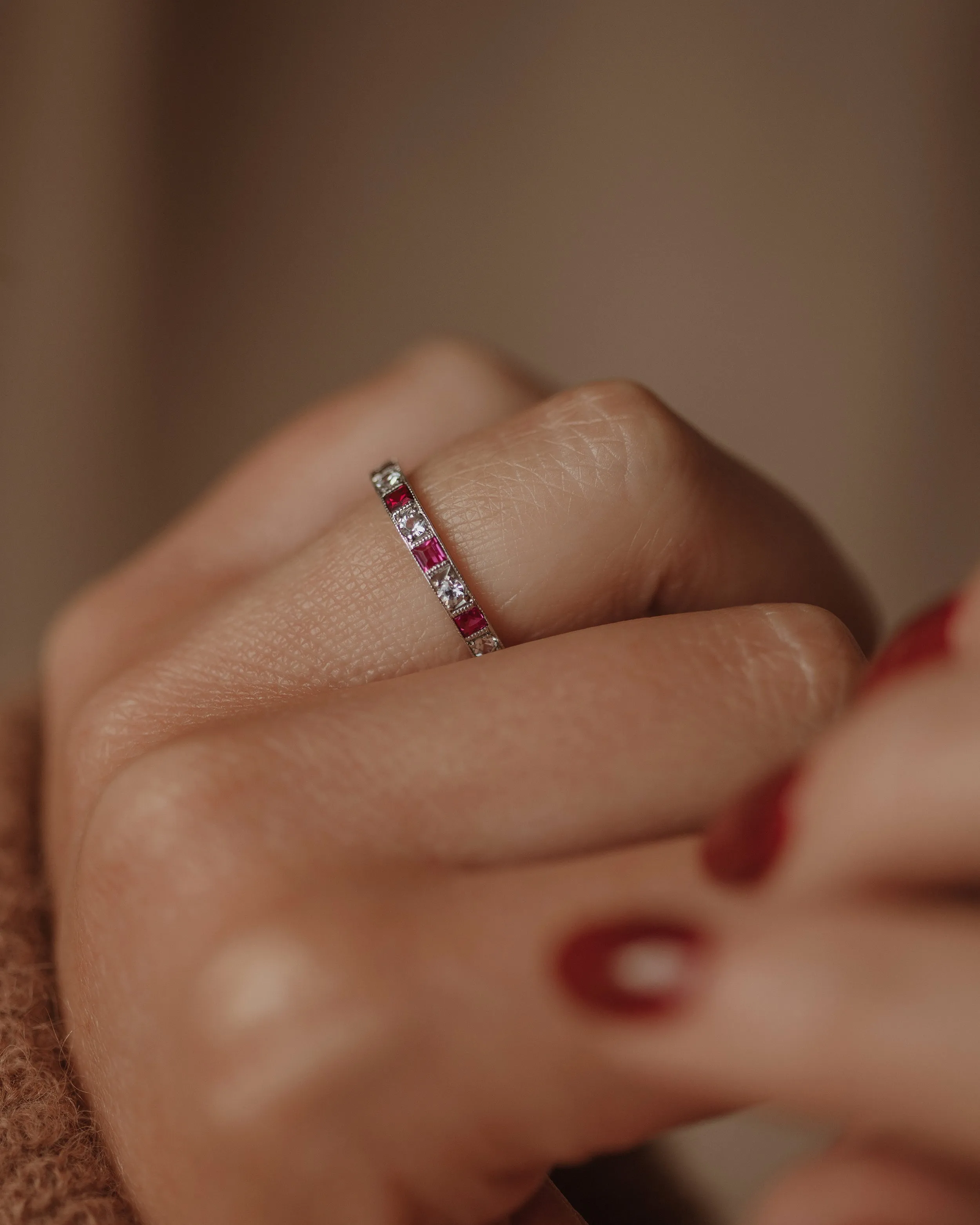 Georgette Antique Art Deco 9ct White Gold Ruby & Paste Full Eternity Ring sold by Rock n Rose