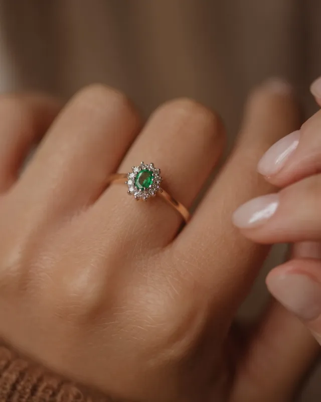 Nancy Vintage 9ct Gold Emerald & Diamond Cluster Ring sold by Rock n Rose