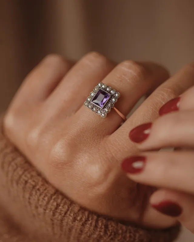 Ginny Vintage 9ct Gold Amethyst & Pearl Rectangular Cluster Ring sold by Rock n Rose