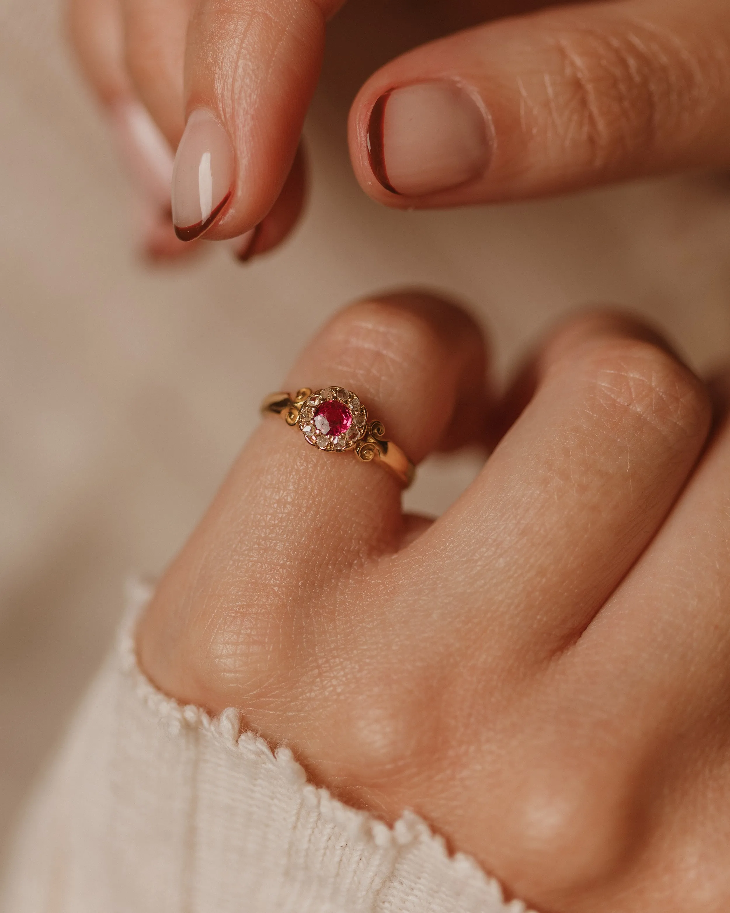 Penelope Antique 18ct Gold Ruby & Diamond Cluster Ring sold by Rock n Rose