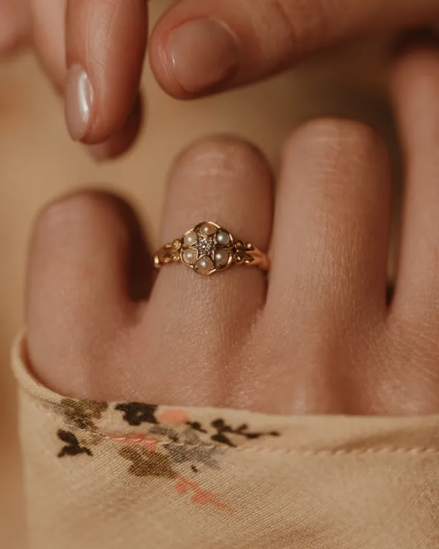 Roberta 1915 Antique 18ct Gold Pearl & Diamond Cluster Ring sold by Rock n Rose