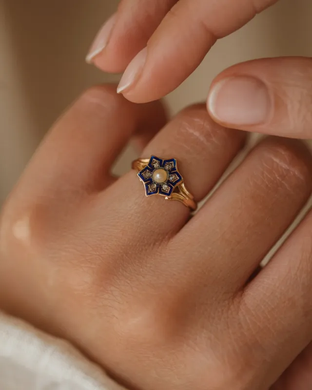 Margot 1864 Victorian 18ct Gold Enamel, Pearl & Diamond Star Ring sold by Rock n Rose