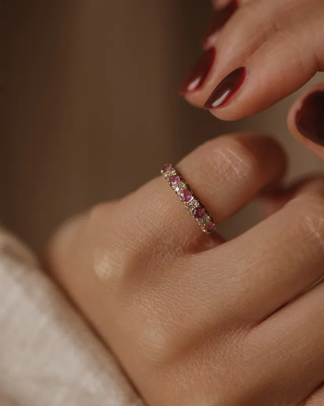 Louise 1989 Vintage 9ct Gold Ruby & Diamond Half Eternity Ring sold by Rock n Rose
