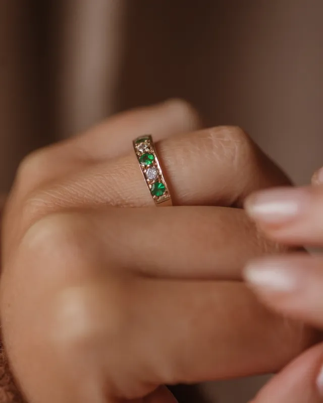Augusta 1988 Vintage 9ct Gold Emerald & Diamond Half Eternity Ring sold by Rock n Rose