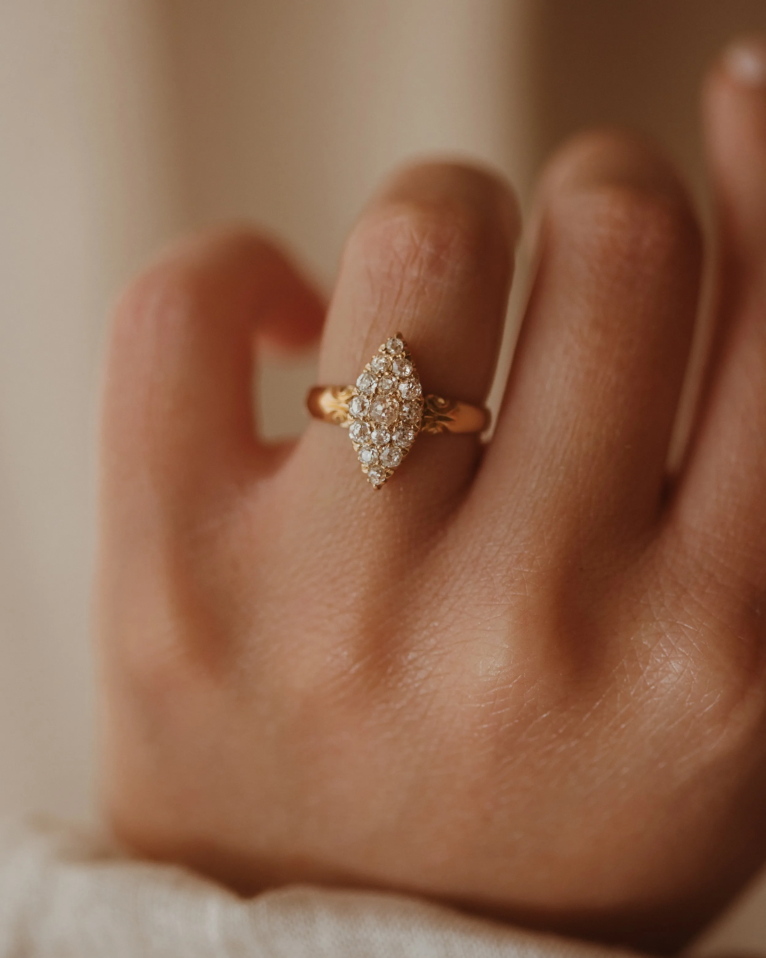 Beatrix Antique 18ct Gold Diamond Navette Ring sold by Rock n Rose