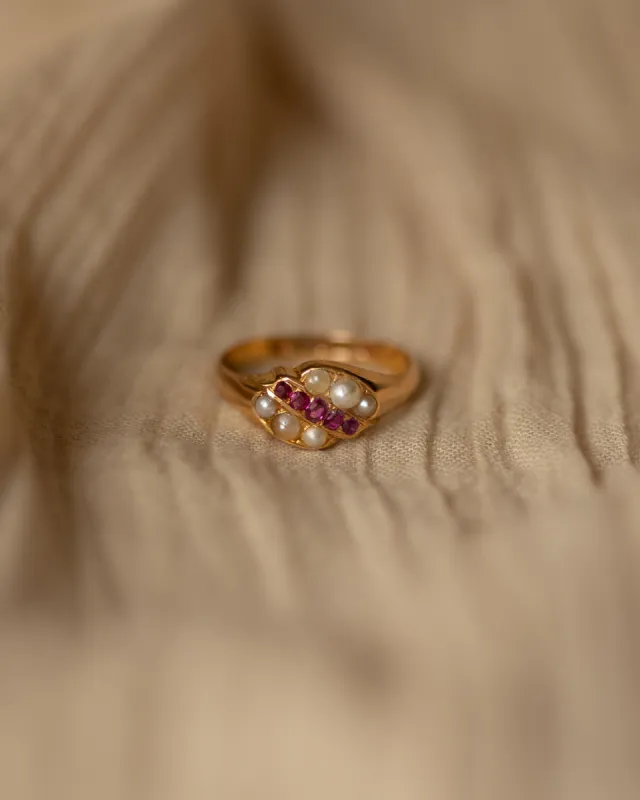 Elizabeth 1865 Antique 18ct Gold Ruby & Pearl Ring sold by Rock n Rose