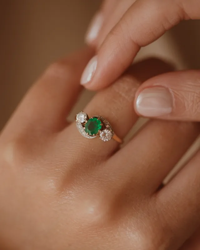 Darcy Vintage 18ct Gold Emerald & Diamond Trilogy Ring sold by Rock n Rose