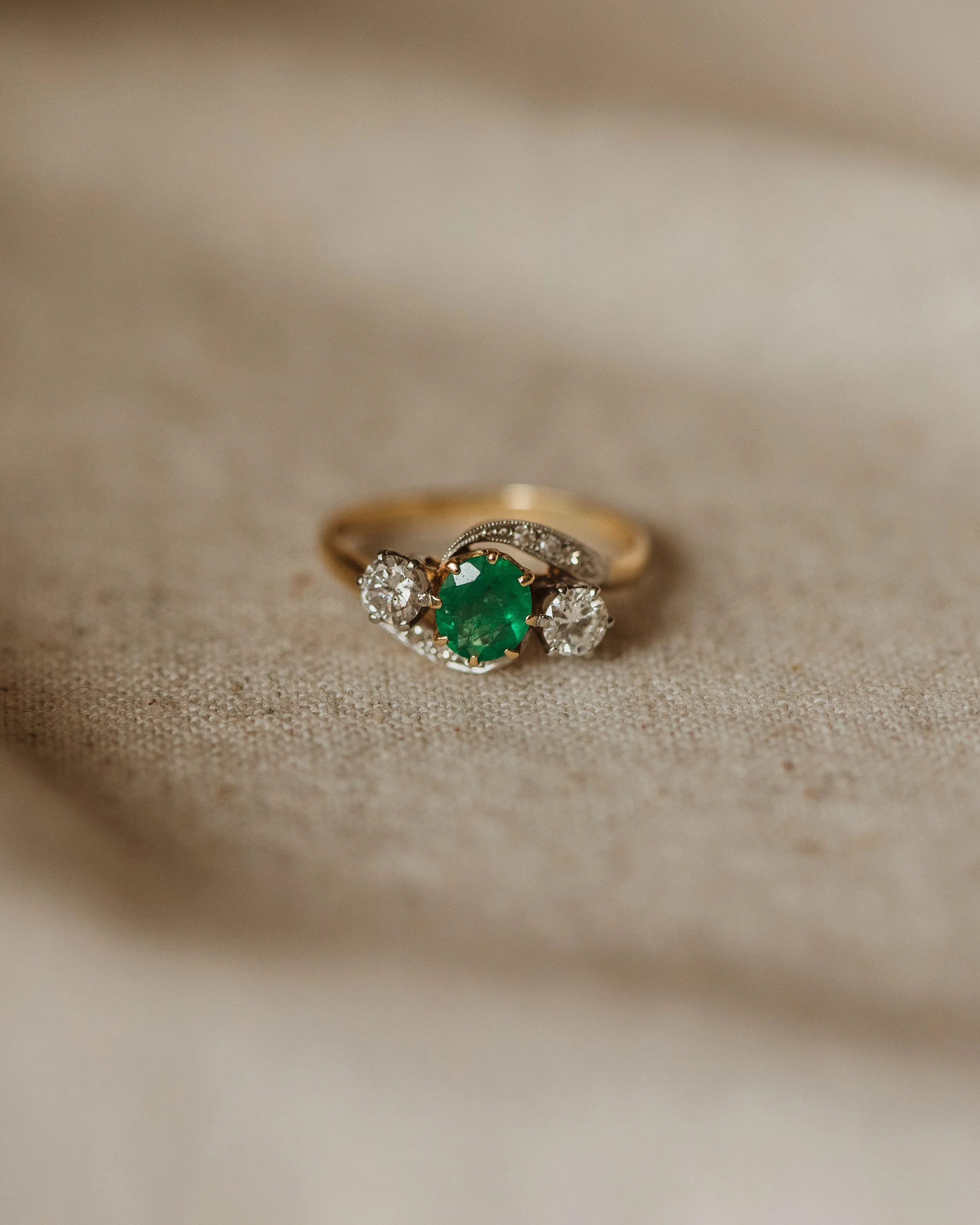Darcy Vintage 18ct Gold Emerald & Diamond Trilogy Ring sold by Rock n Rose product image thumbnail 2