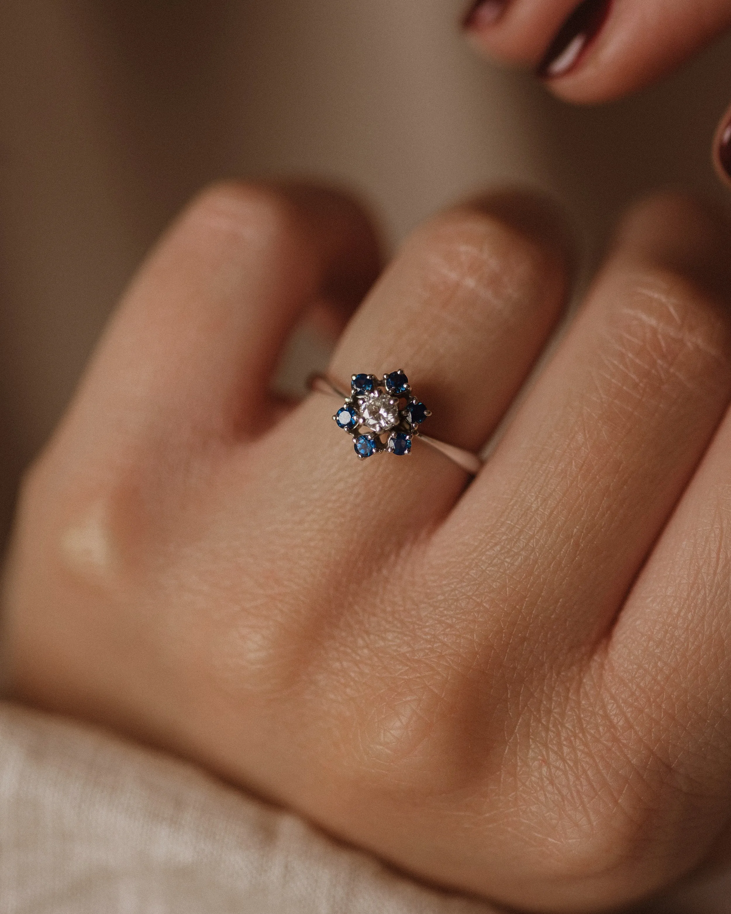 Emma 1983 Vintage 18ct White Gold Sapphire & Diamond Cluster Ring sold by Rock n Rose