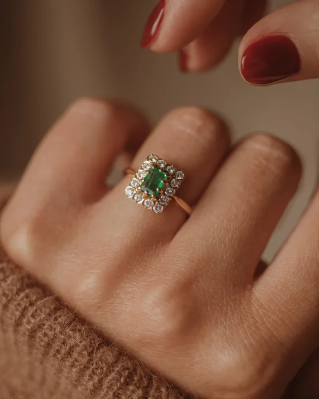 Greta 18ct Gold Emerald & Diamond Rectangular Cluster Ring sold by Rock n Rose