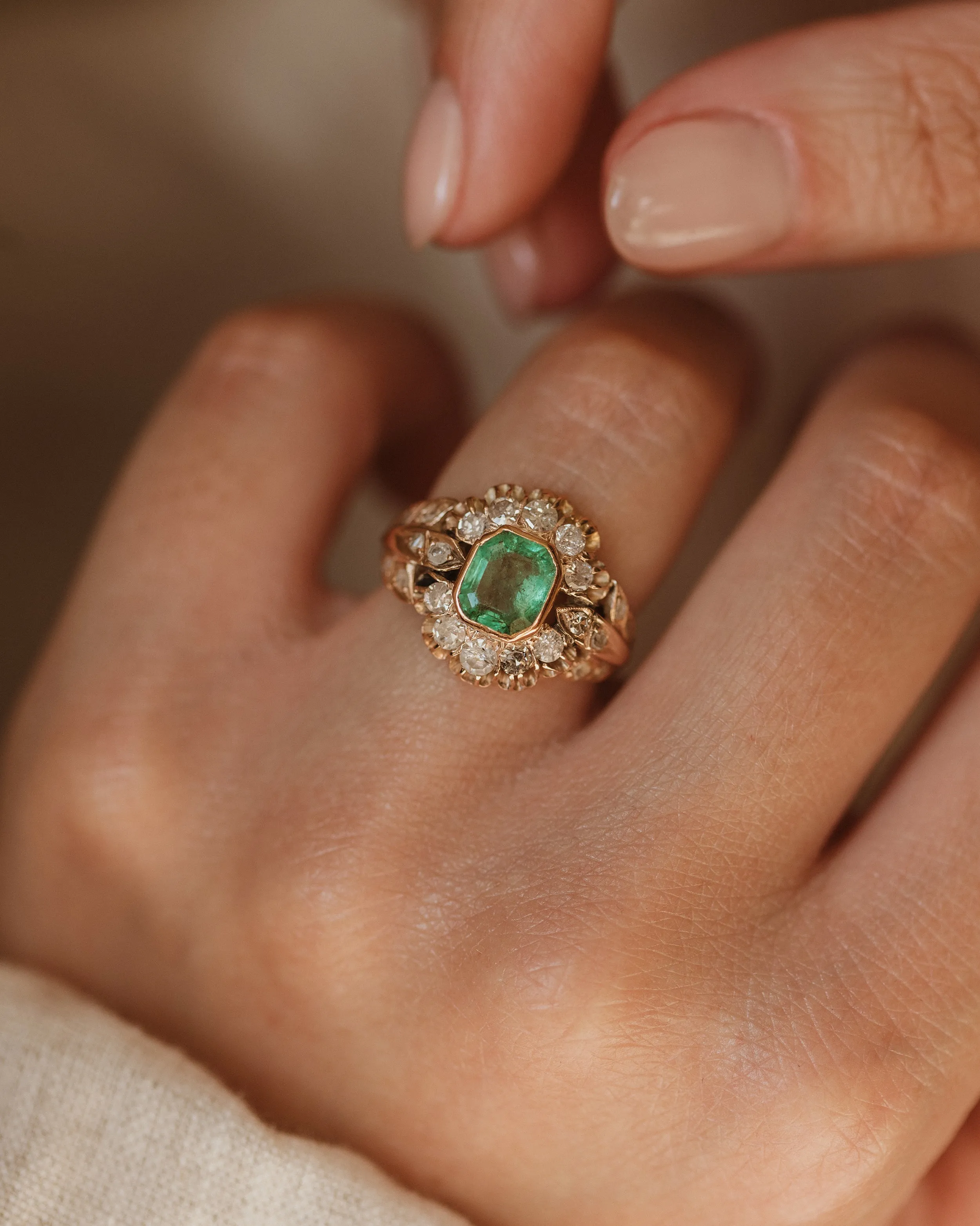 Emmaline Antique 18ct Gold Emerald & Diamond Cluster Ring sold by Rock n Rose