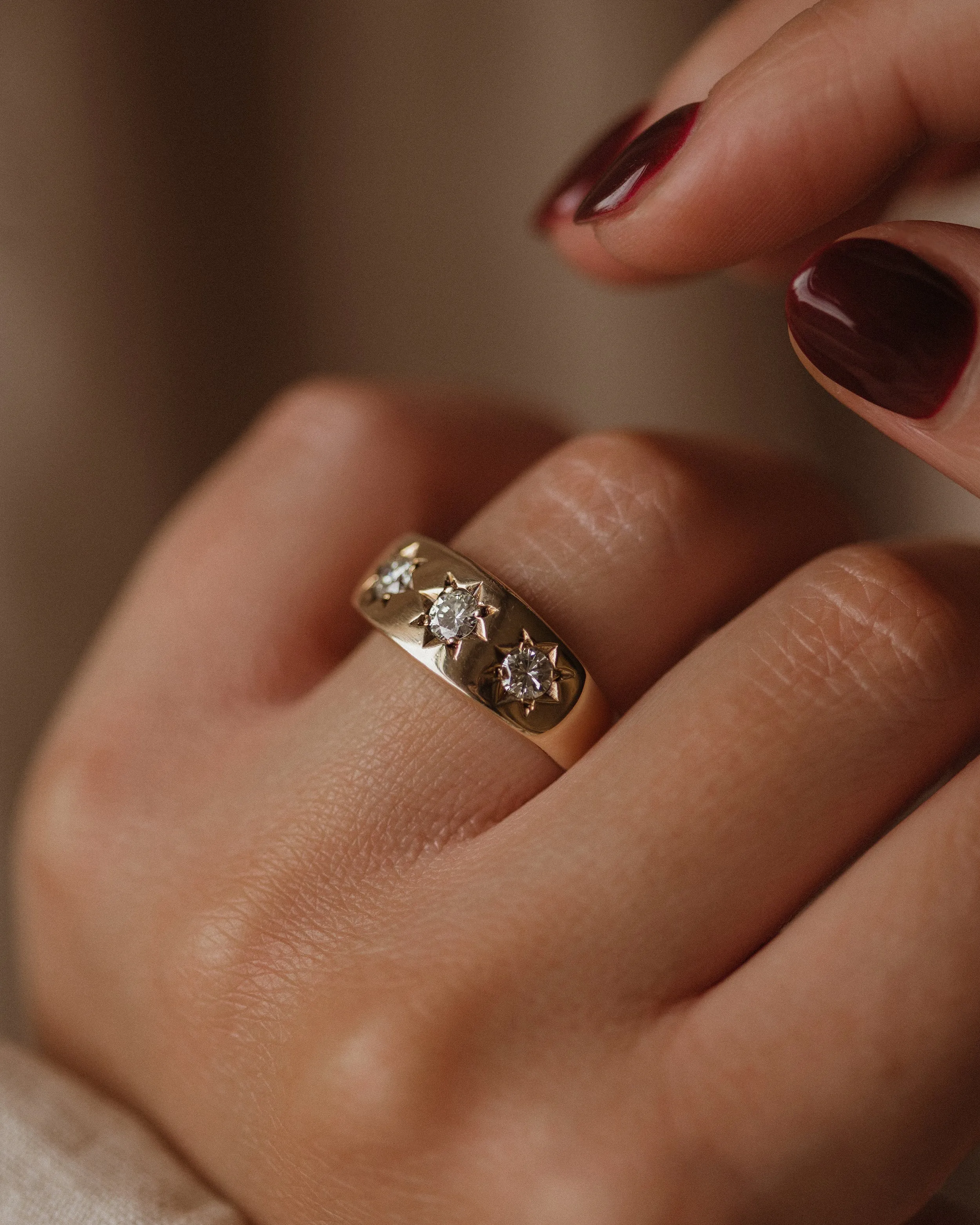 Millicent 1975 Vintage 9ct Gold Star Set Diamond Trilogy Ring sold by Rock n Rose