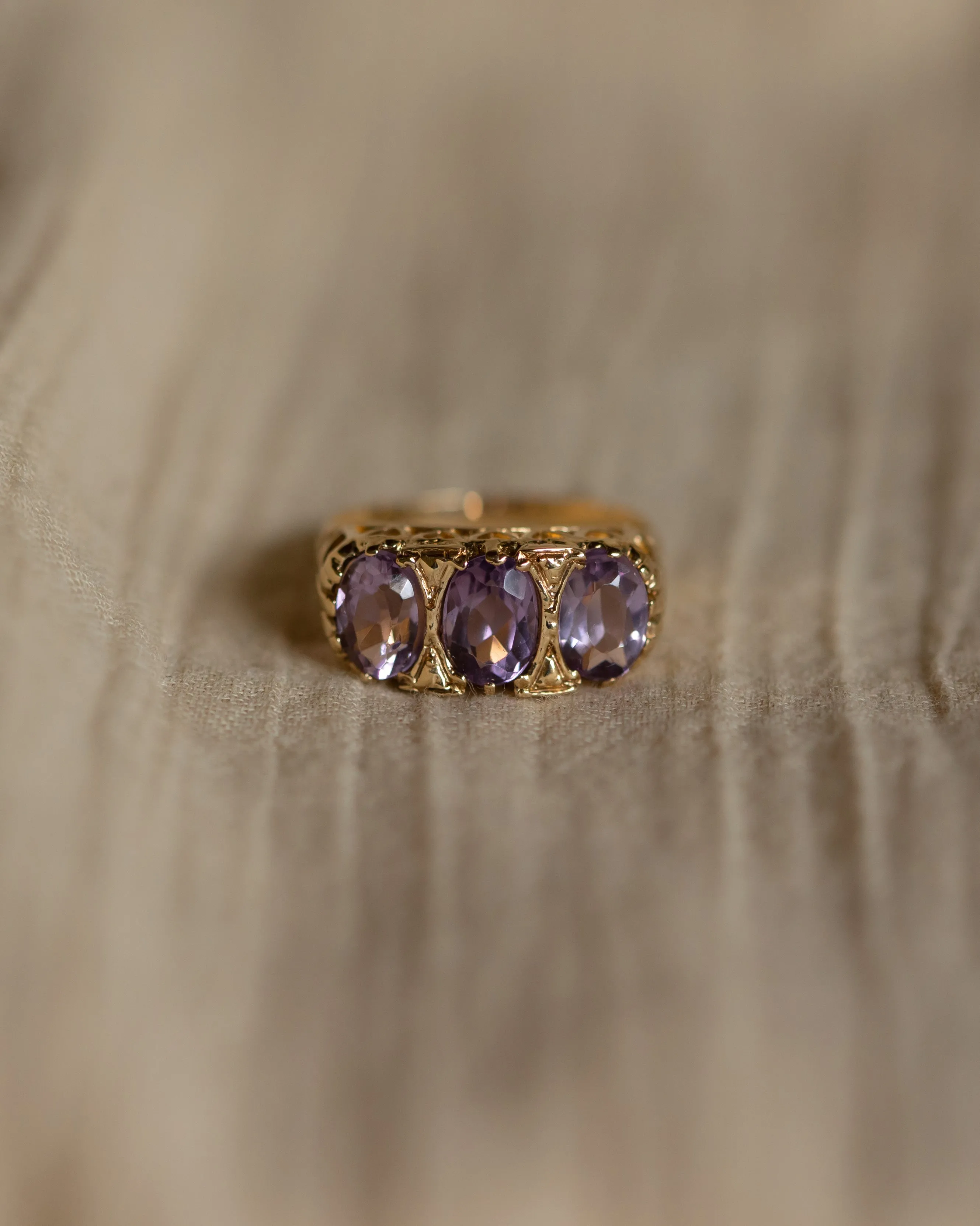 Madeline 1971 Vintage 9ct Gold Amethyst Trilogy Ring sold by Rock n Rose