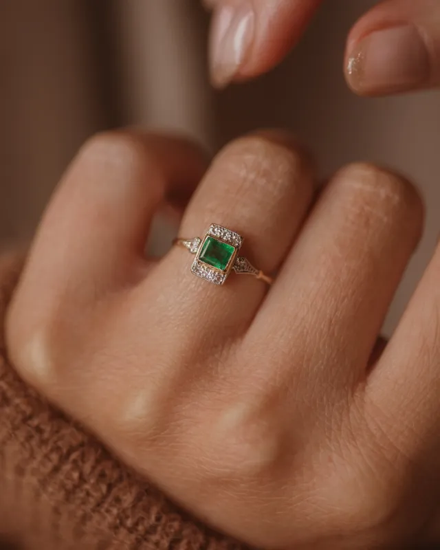 Marianne Antique Art Deco 18ct Gold Emerald & Diamond Ring sold by Rock n Rose