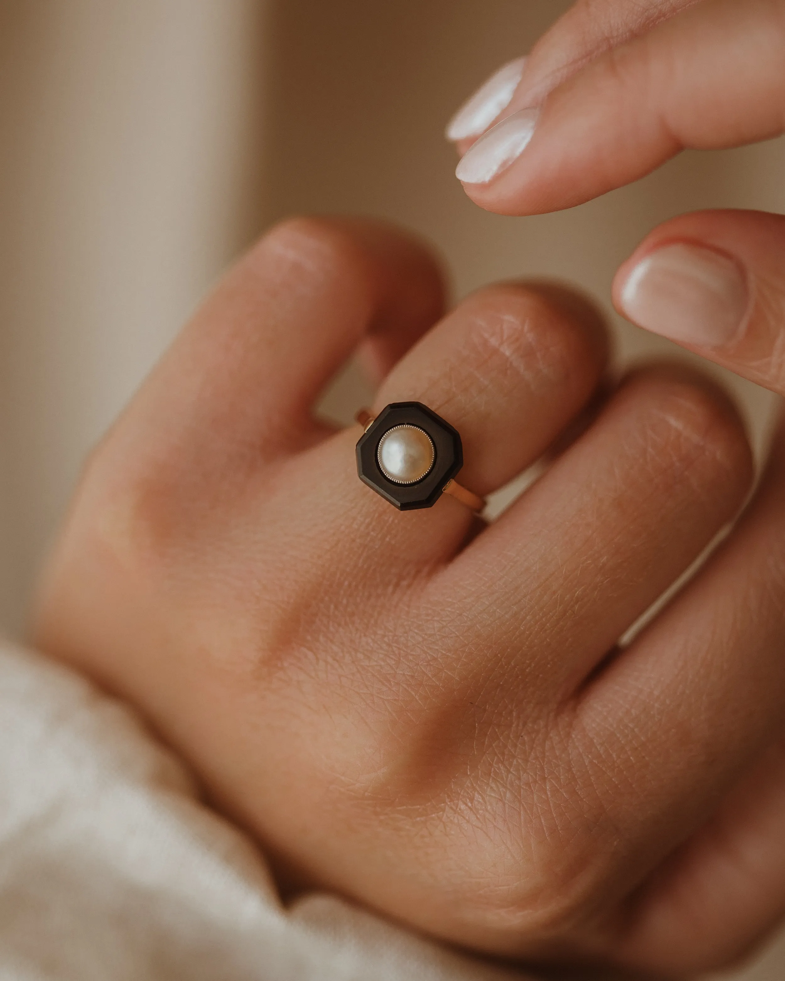 Josephine Antique Art Deco 18ct Gold Onyx & Pearl Ring sold by Rock n Rose