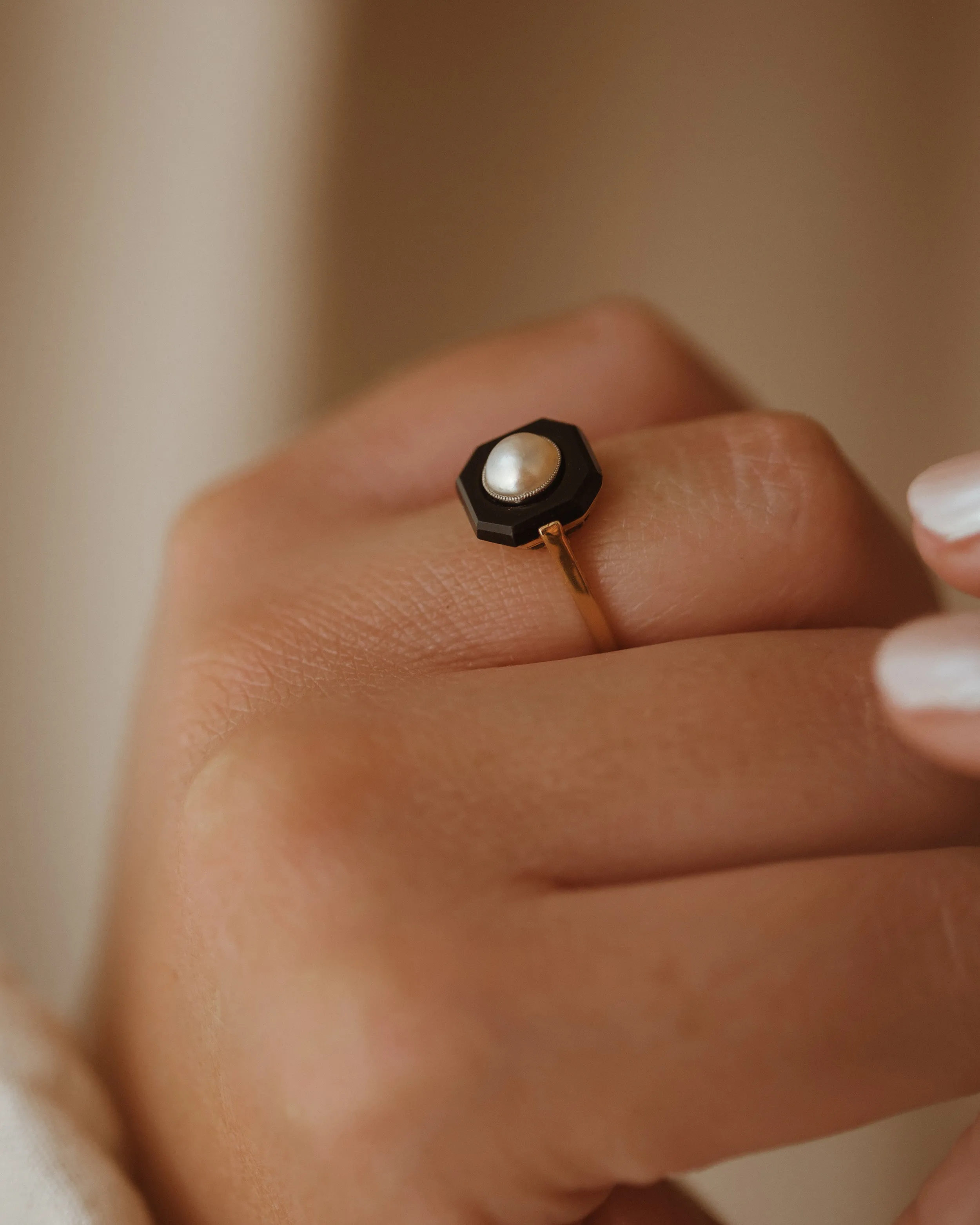 Josephine Antique Art Deco 18ct Gold Onyx & Pearl Ring sold by Rock n Rose product image thumbnail 3