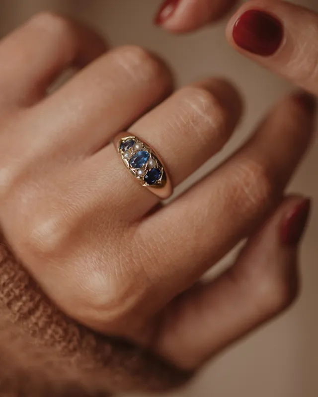 Mae Antique 10ct Gold Sapphire & Pearl Seven Stone Ring sold by Rock n Rose