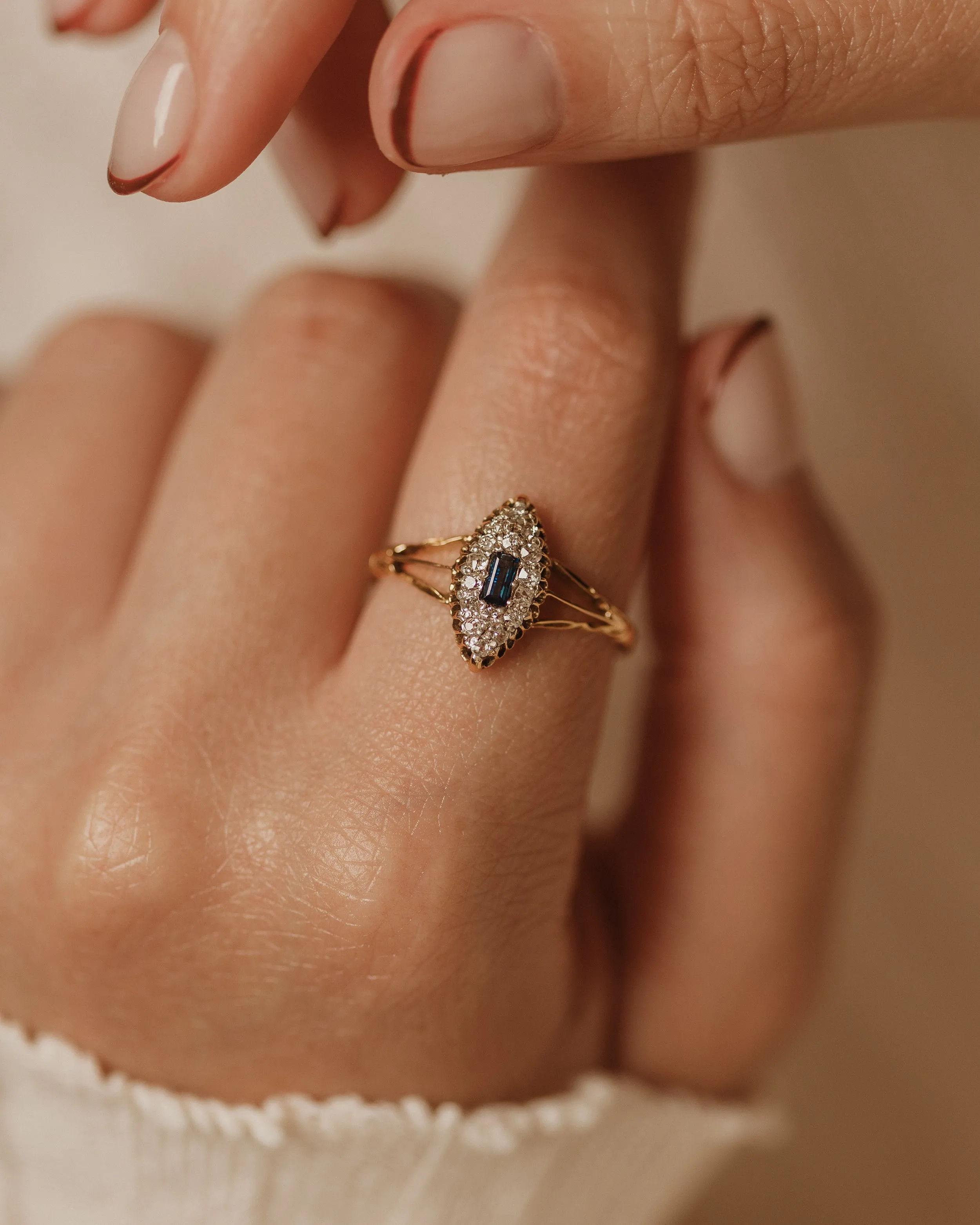 Anais Antique 18ct Gold Sapphire & Diamond Navette Ring sold by Rock n Rose product image thumbnail 2