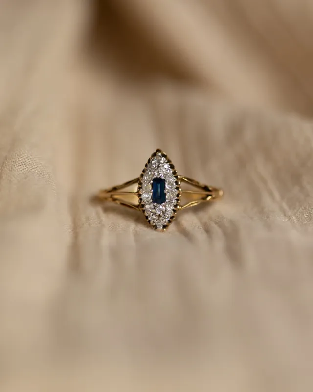 Anais Antique 18ct Gold Sapphire & Diamond Navette Ring sold by Rock n Rose