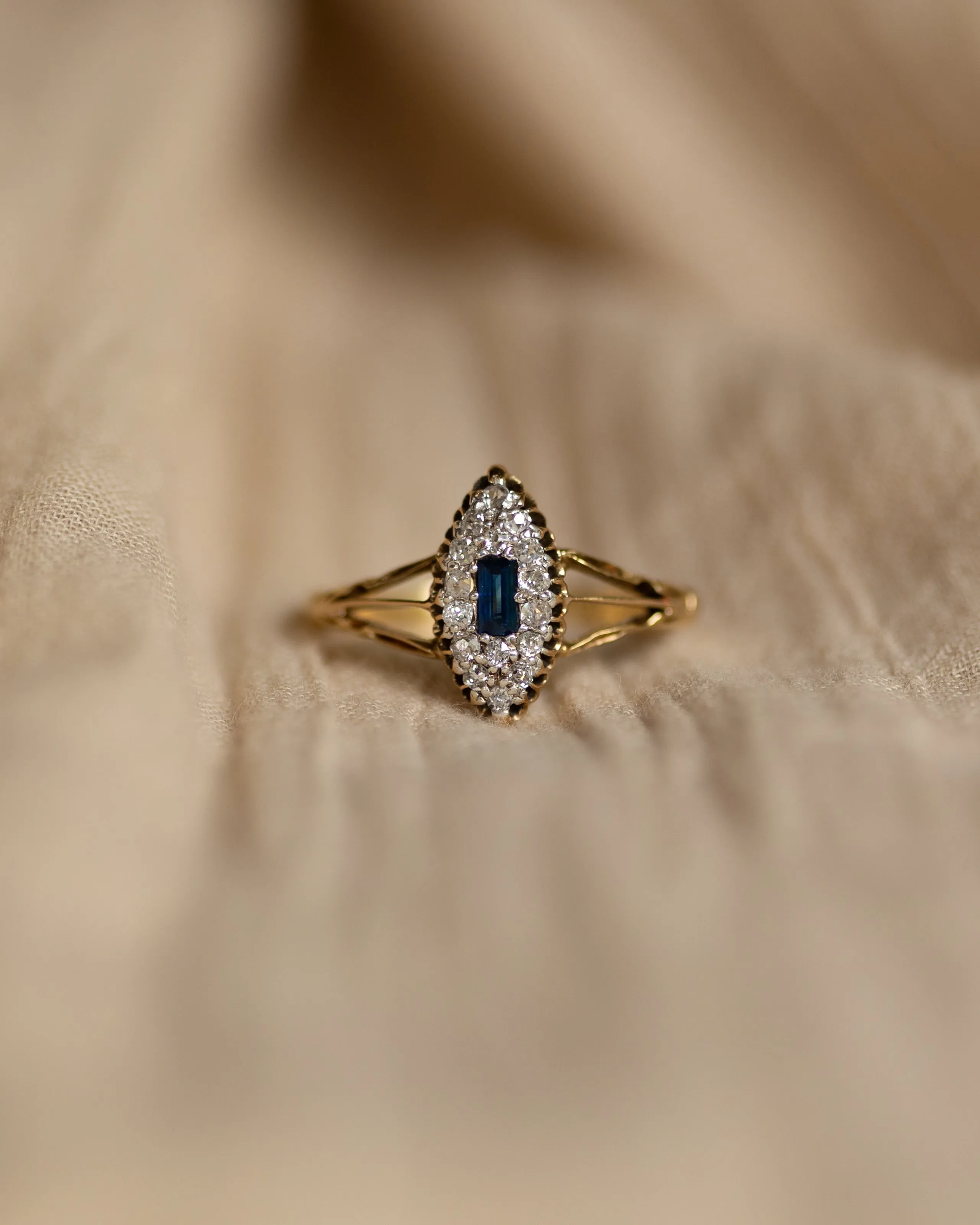 Anais Antique 18ct Gold Sapphire & Diamond Navette Ring sold by Rock n Rose