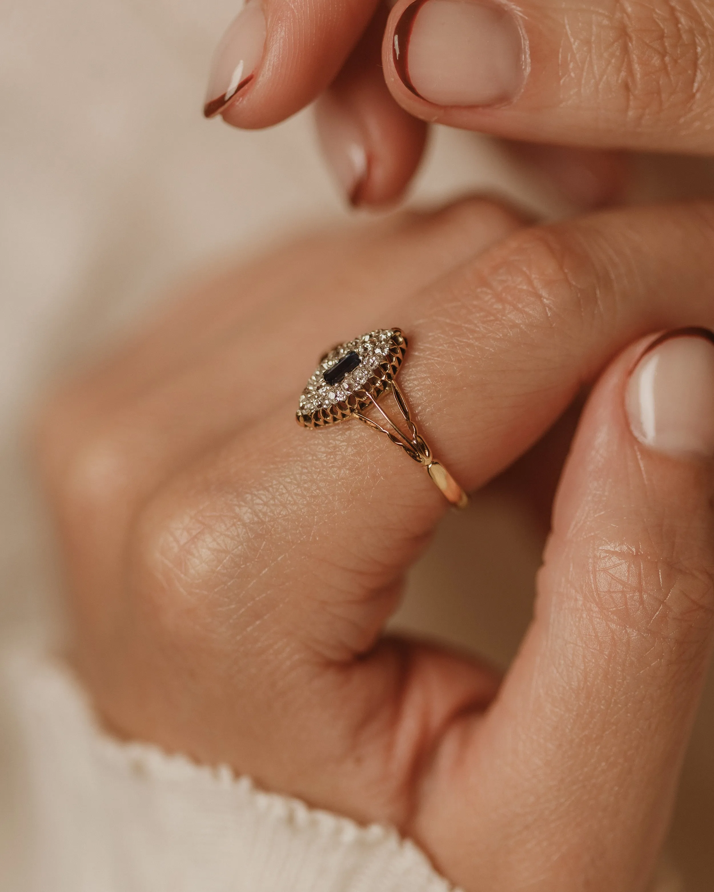 Anais Antique 18ct Gold Sapphire & Diamond Navette Ring sold by Rock n Rose product image thumbnail 3