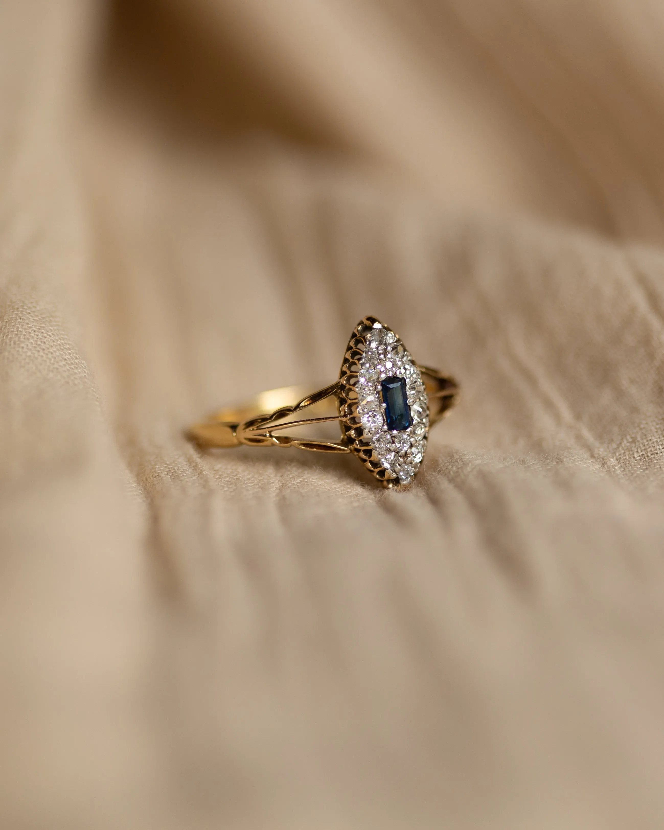 Anais Antique 18ct Gold Sapphire & Diamond Navette Ring sold by Rock n Rose product image thumbnail 4