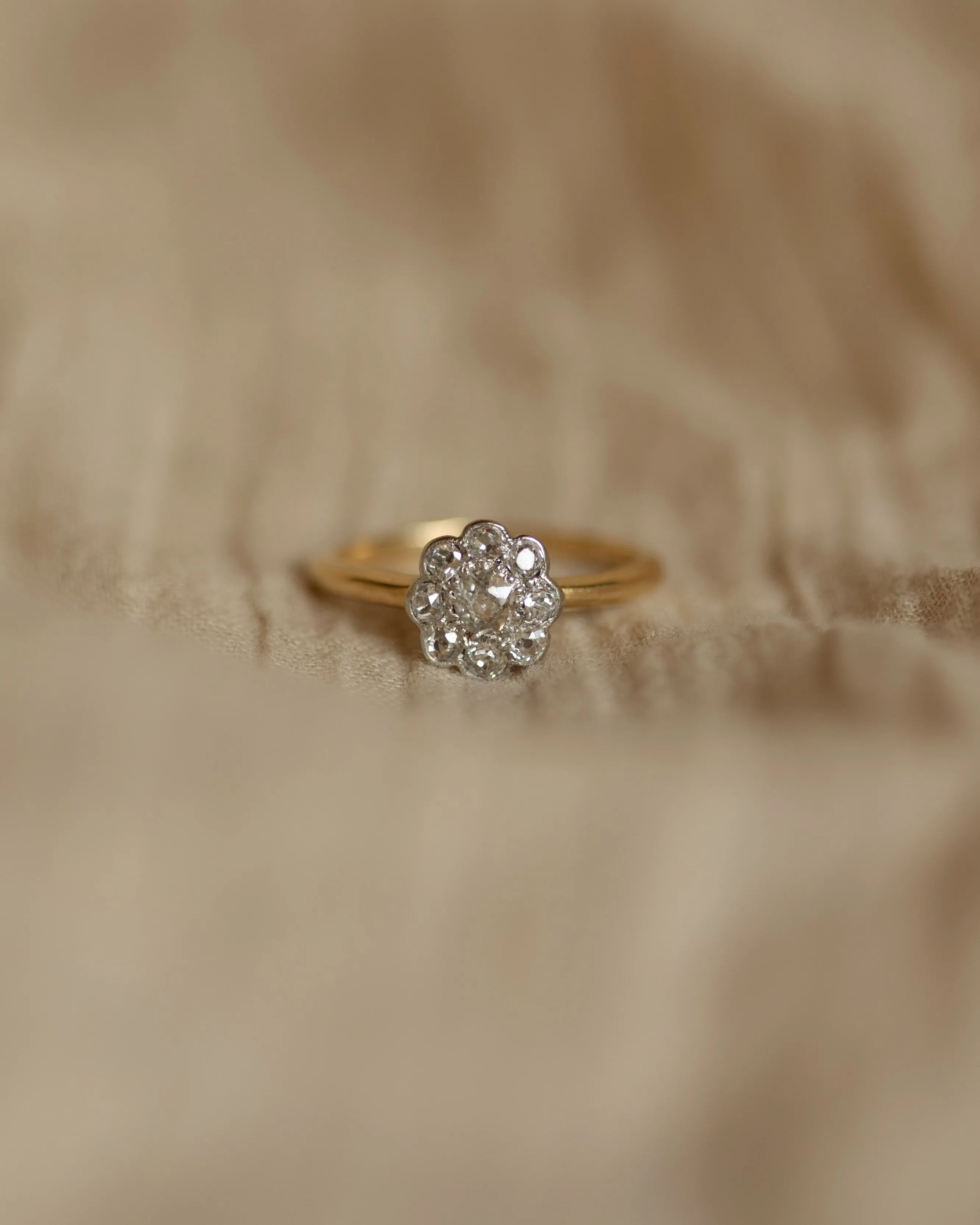 Franchette Antique Edwardian 18ct Gold Diamond Daisy Cluster Ring sold by Rock n Rose