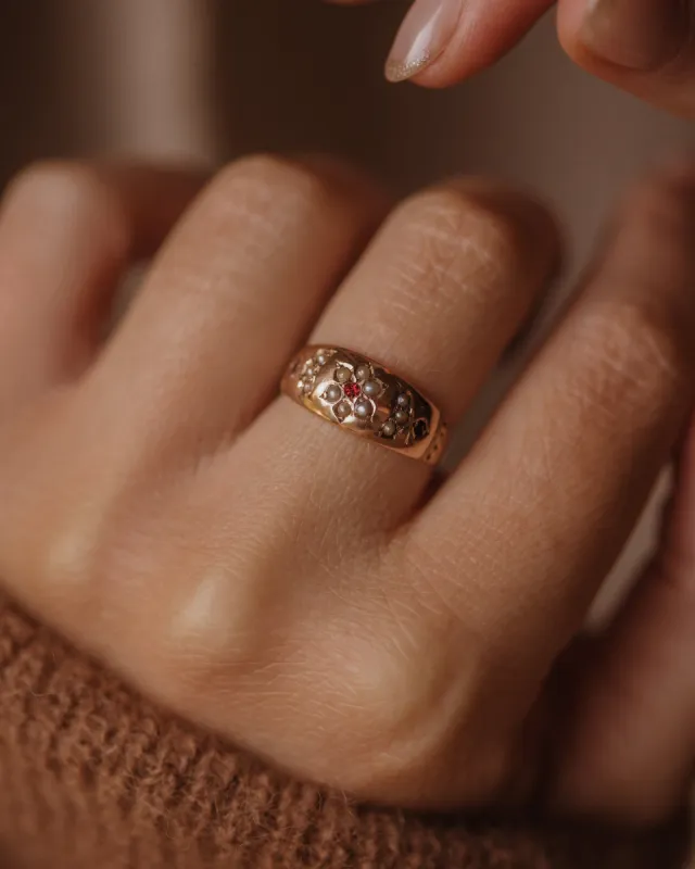 Evelyn 1890 Antique 15ct Gold Garnet & Pearl Ring sold by Rock n Rose
