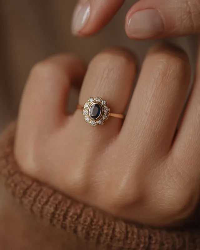Dorothea 1985 Vintage 18ct Gold Sapphire & Diamond Cluster Ring sold by Rock n Rose