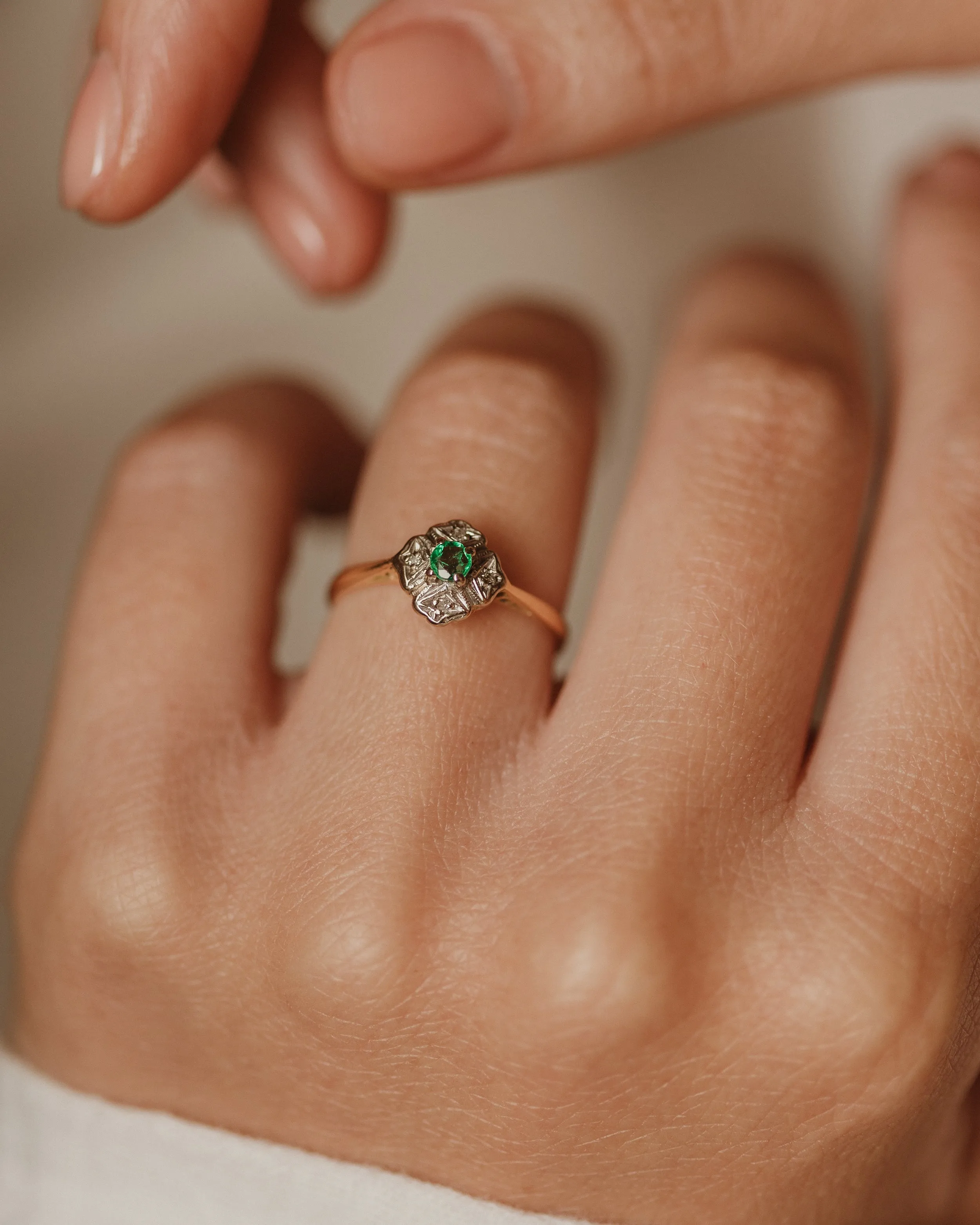 Amity 1970 Vintage 18ct Gold Emerald & Diamond Cluster Ring sold by Rock n Rose