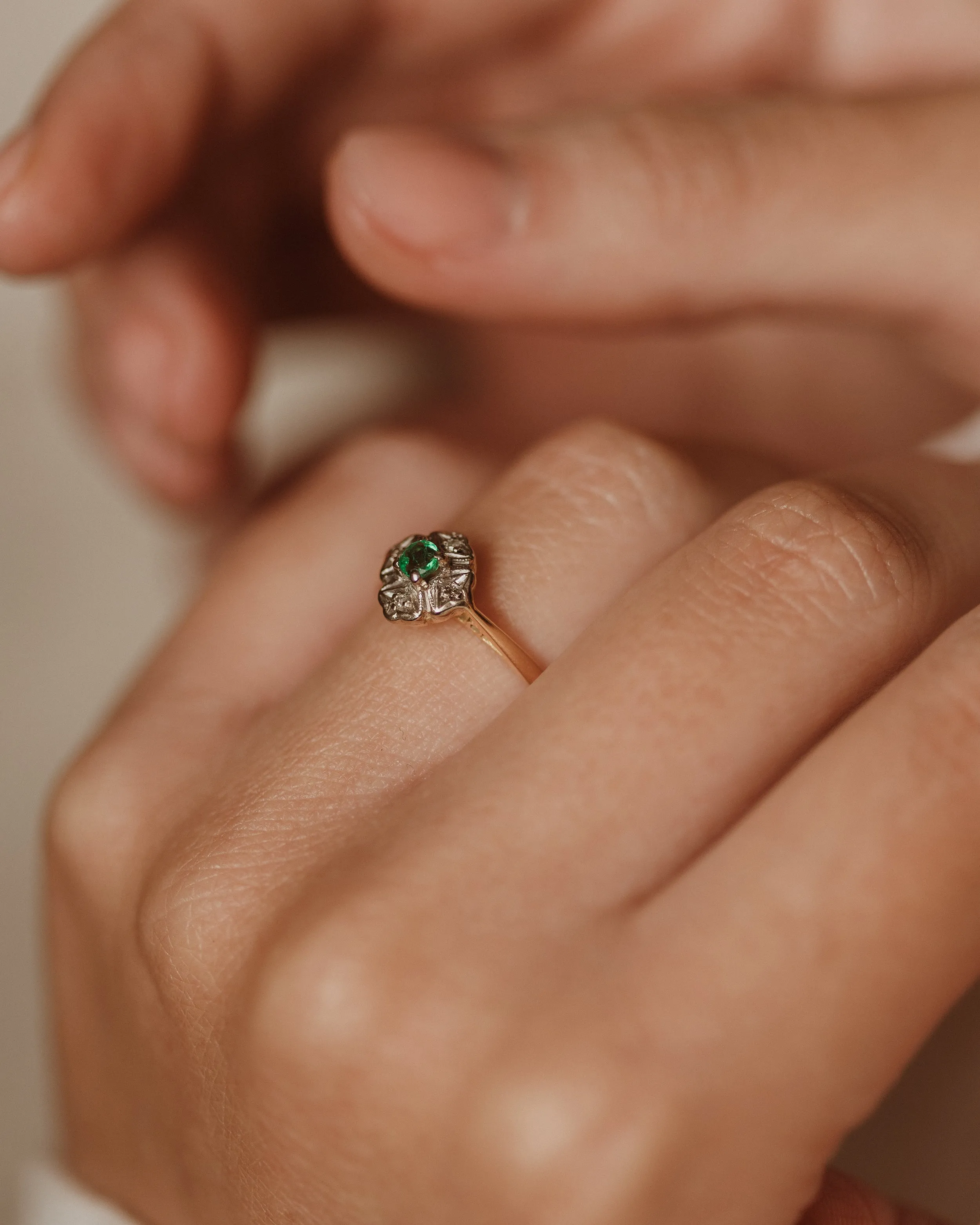 Amity 1970 Vintage 18ct Gold Emerald & Diamond Cluster Ring sold by Rock n Rose product image thumbnail 2