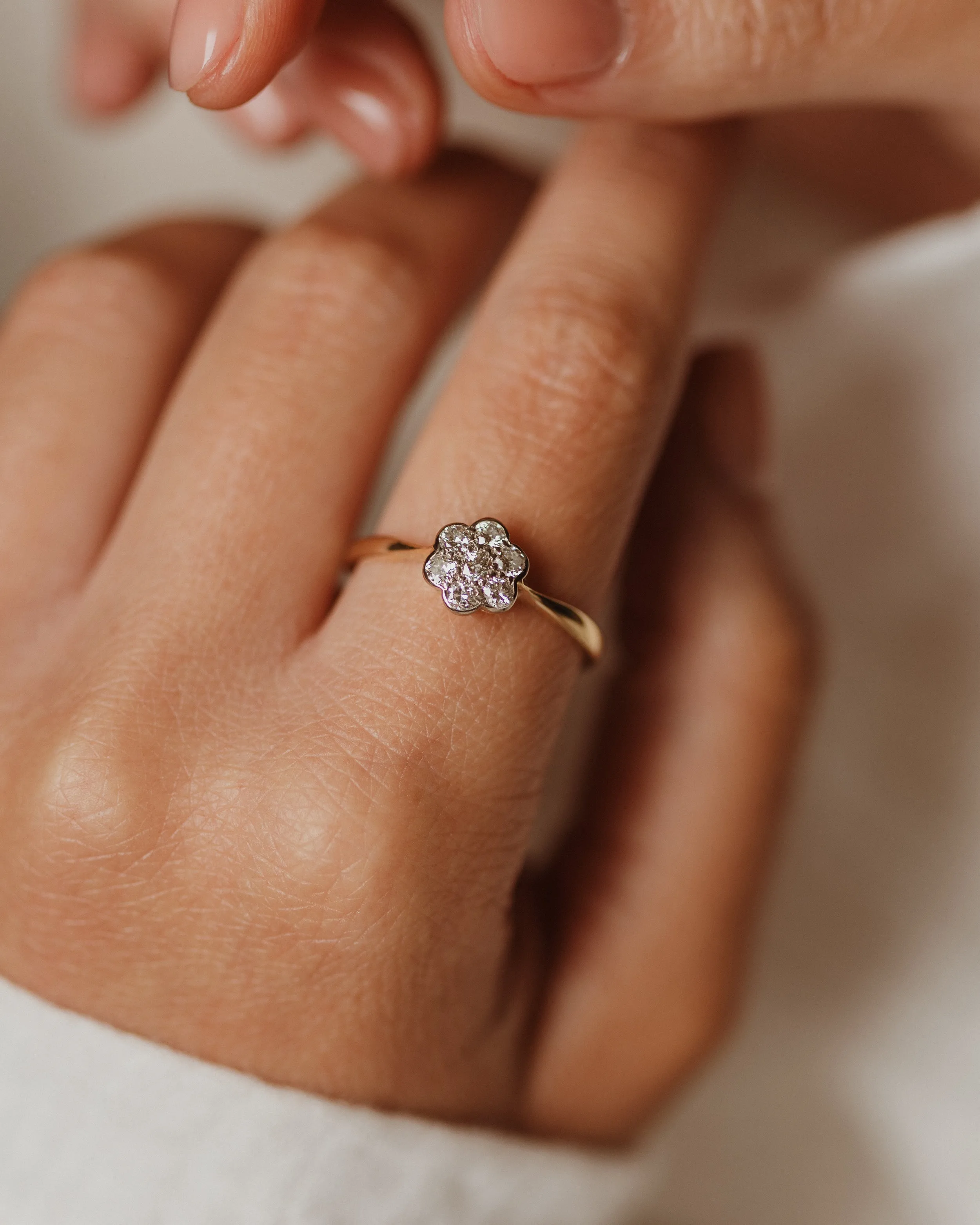Edith Antique 18ct Gold Diamond Daisy Cluster Ring sold by Rock n Rose