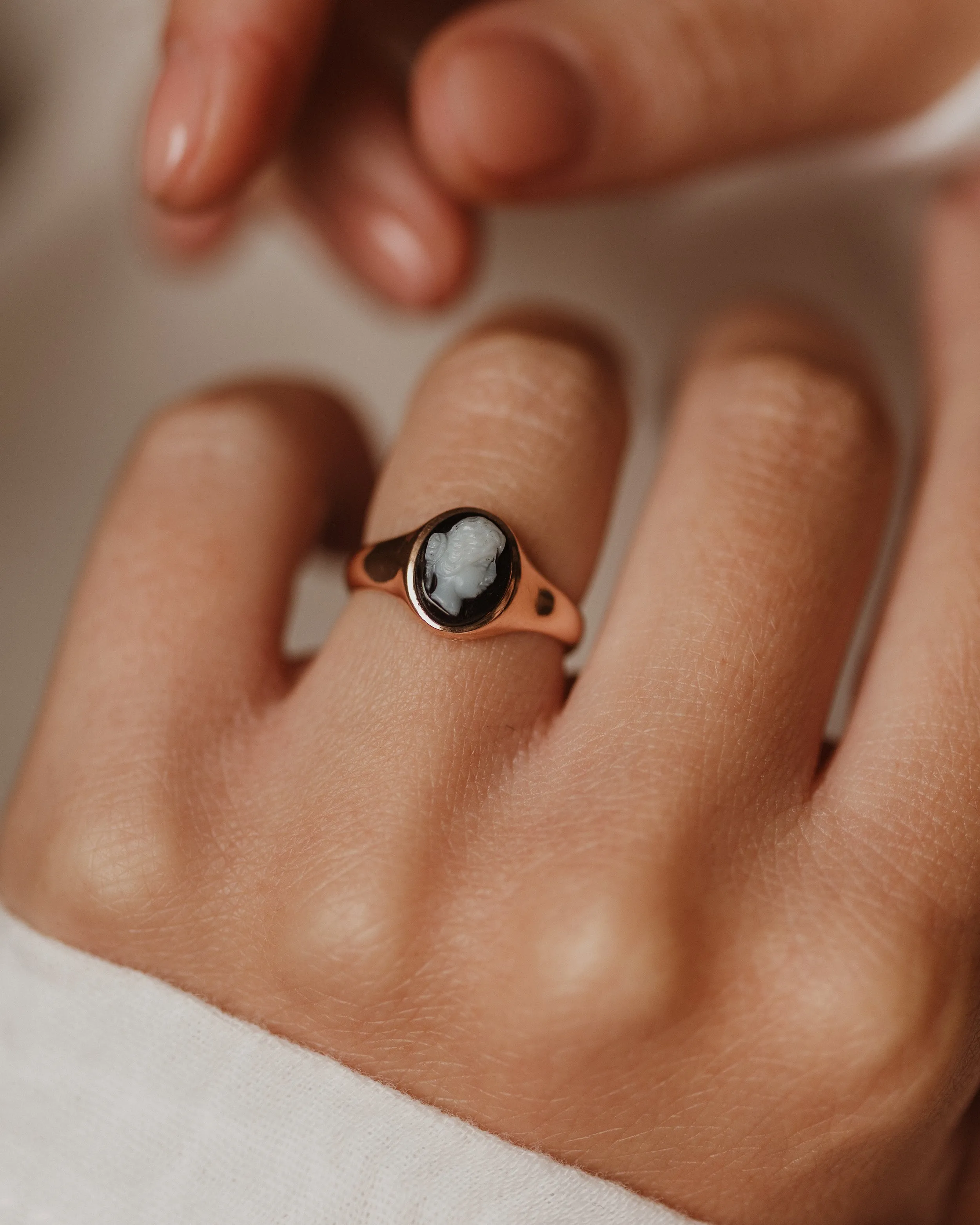 Dorothea 1913 Antique 9ct Gold Black Onyx Cameo Ring sold by Rock n Rose