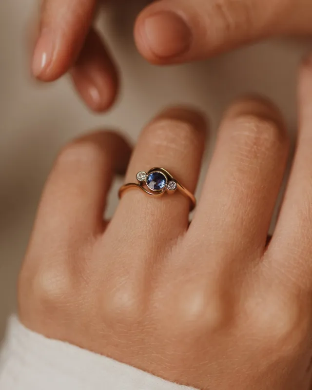 Blanche Antique 18ct Gold Sapphire & Diamond Crossover Trilogy Ring sold by Rock n Rose