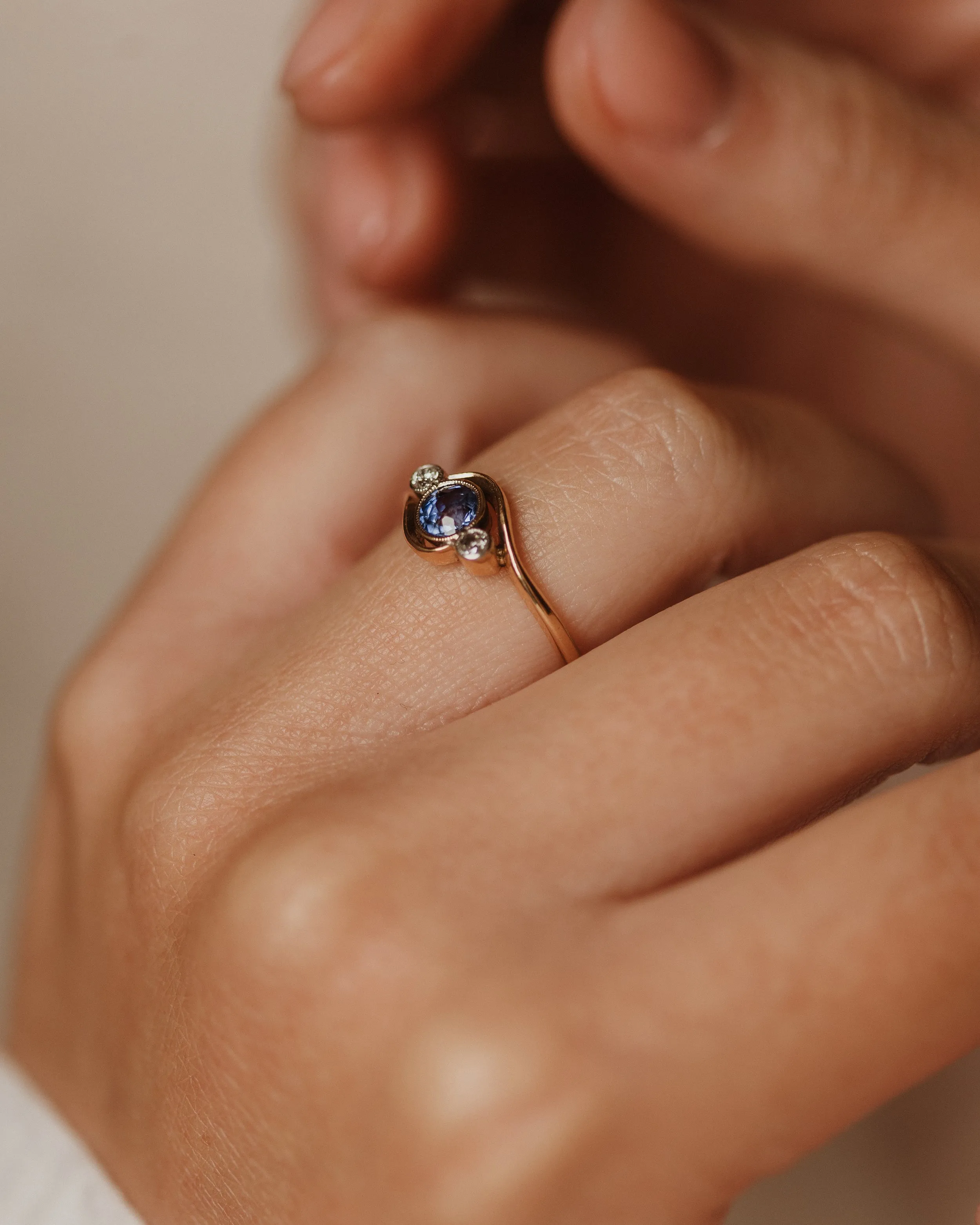 Blanche Antique 18ct Gold Sapphire & Diamond Crossover Trilogy Ring sold by Rock n Rose product image thumbnail 2