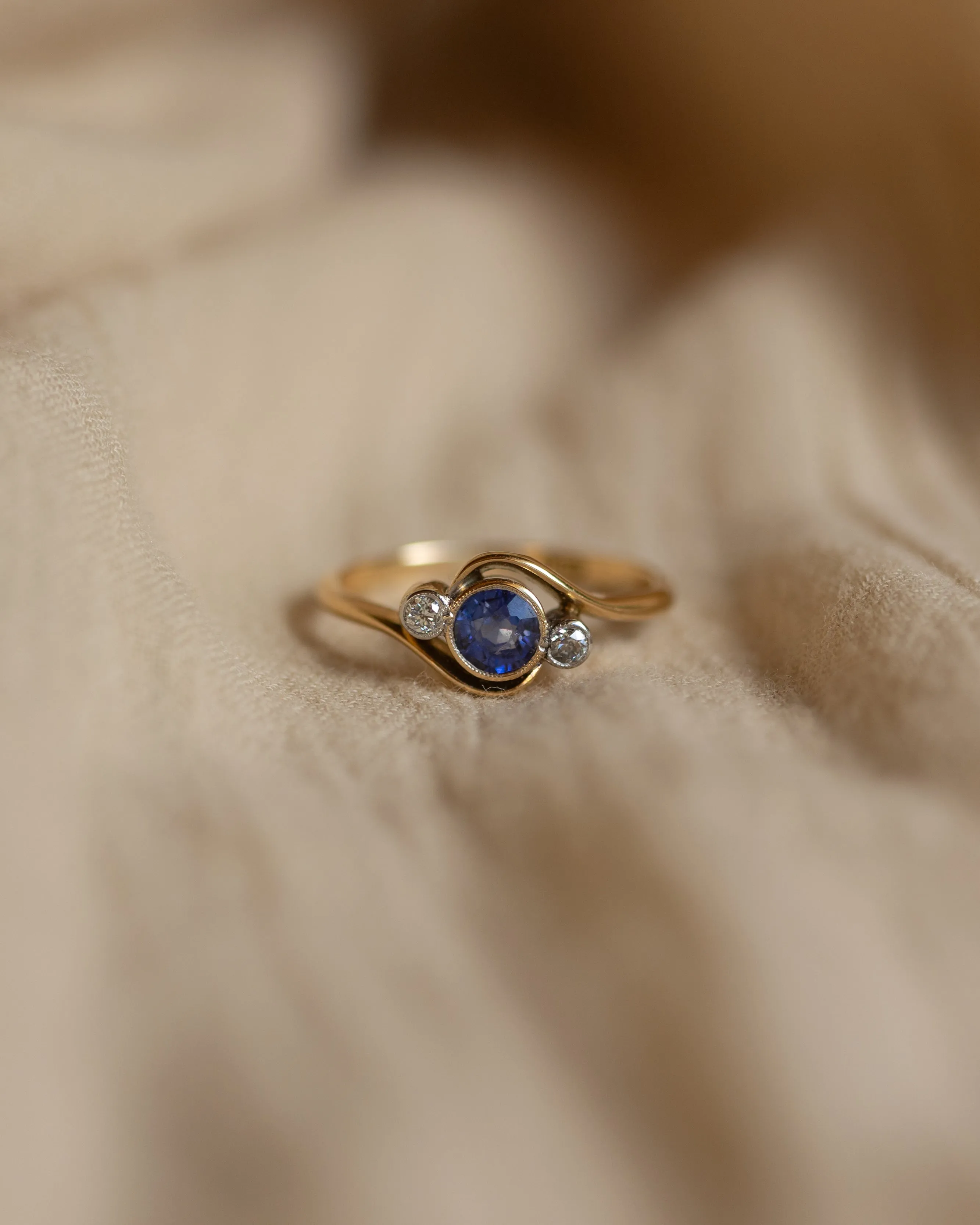 Blanche Antique 18ct Gold Sapphire & Diamond Crossover Trilogy Ring sold by Rock n Rose product image thumbnail 3