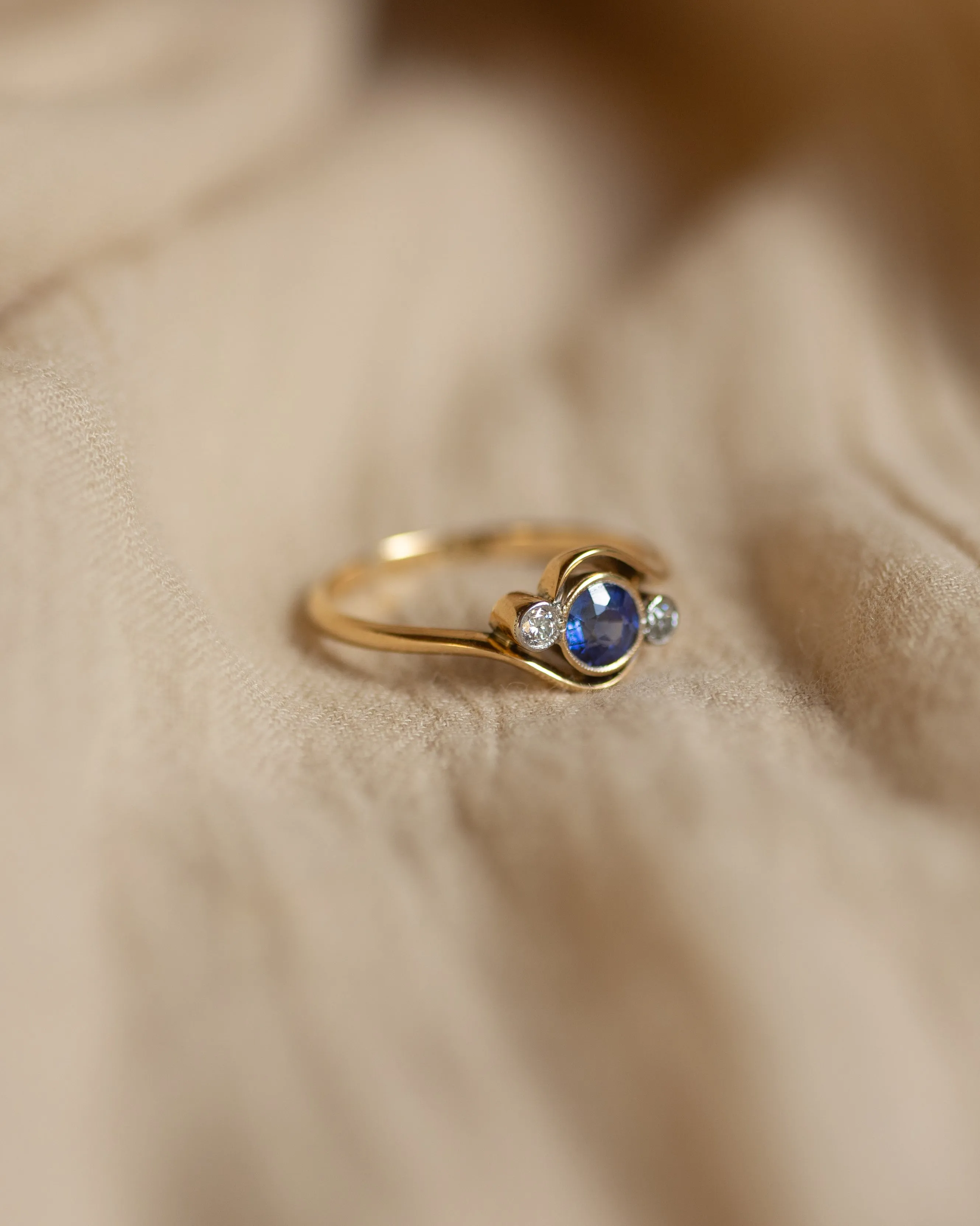 Blanche Antique 18ct Gold Sapphire & Diamond Crossover Trilogy Ring sold by Rock n Rose product image thumbnail 4