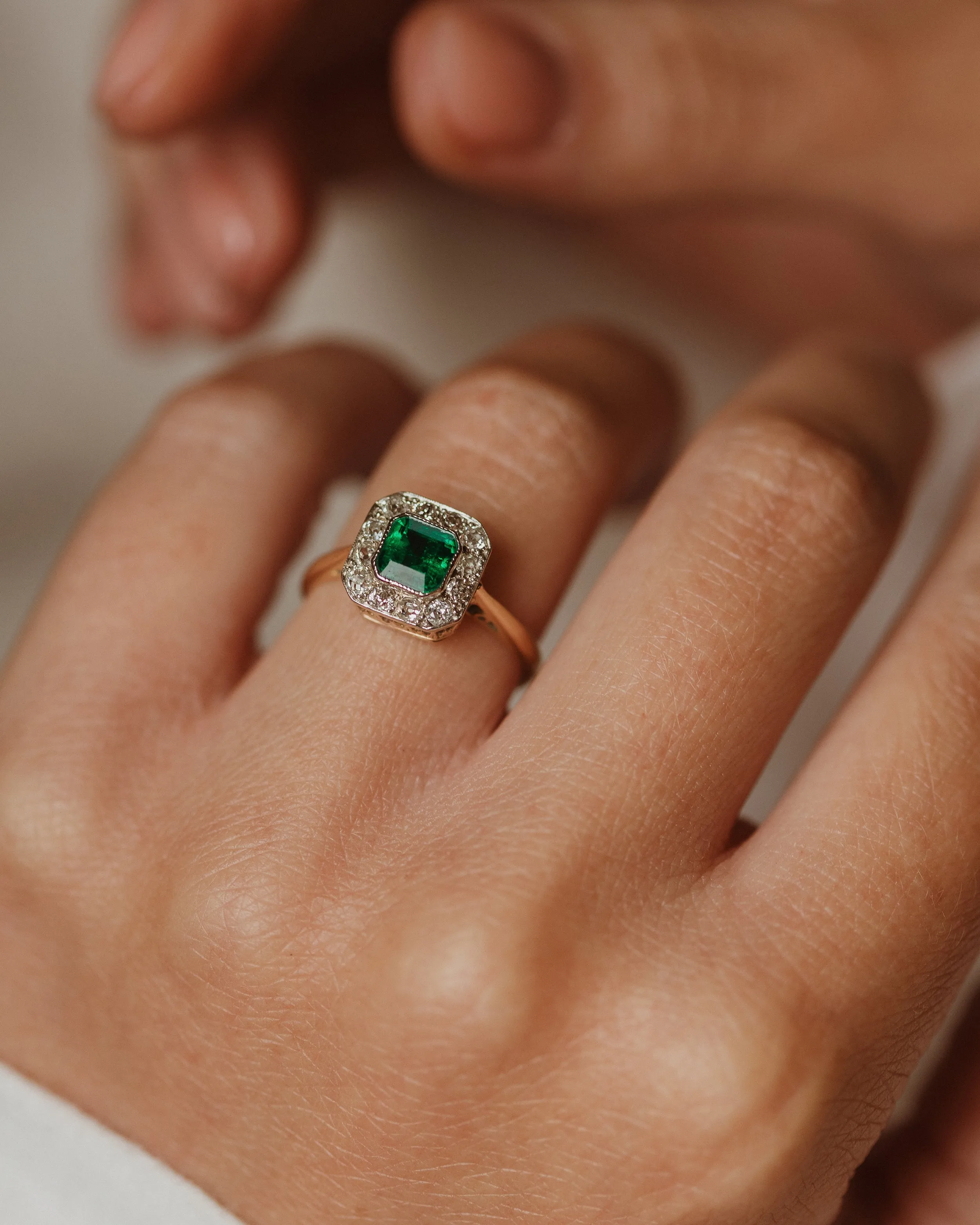 Eloise Antique 18ct Gold Emerald & Diamond Cluster Ring sold by Rock n Rose