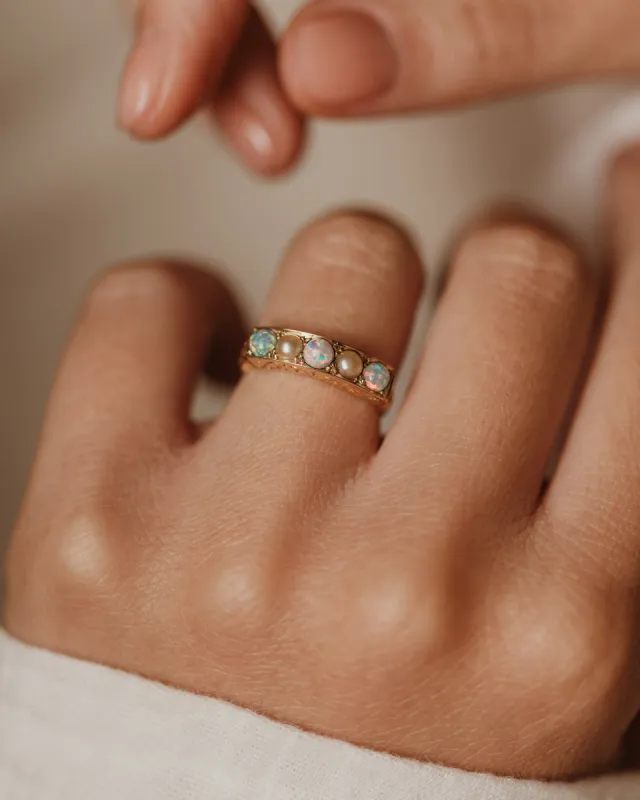 Francesca Antique 18ct Gold Opal & Pearl Five Stone Ring sold by Rock n Rose