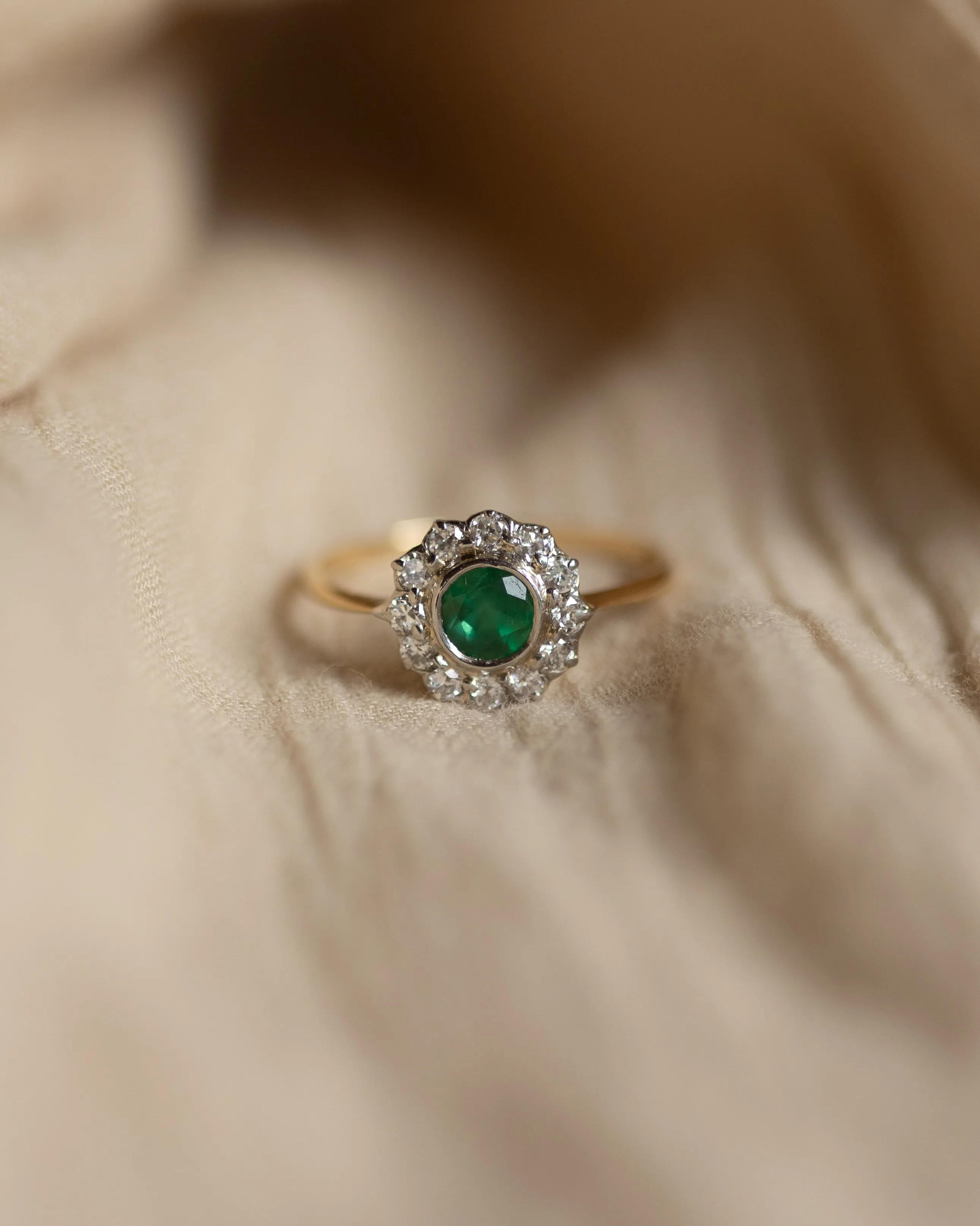 Sylvia Vintage 18ct Gold Emerald & Diamond Cluster Ring sold by Rock n Rose