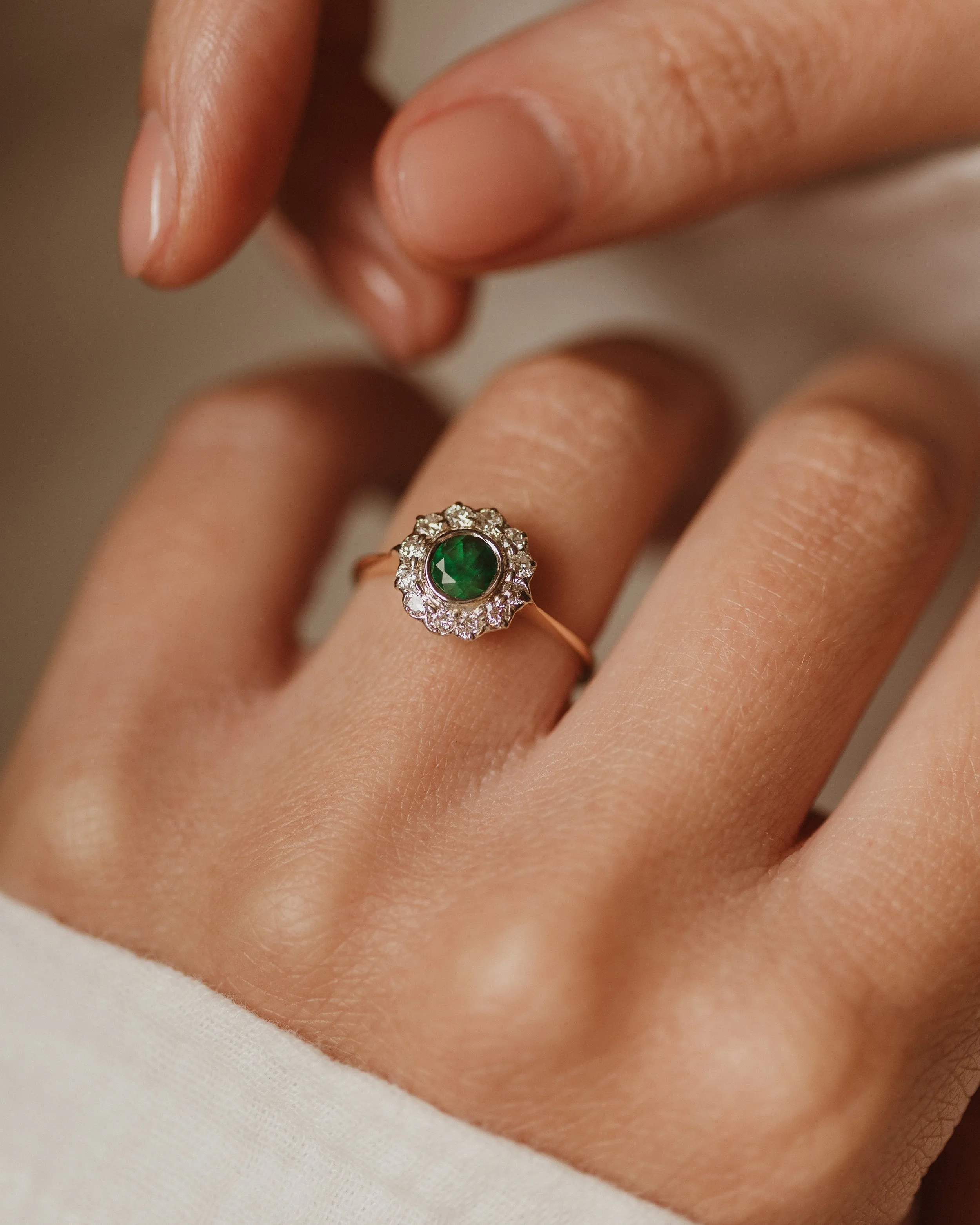 Sylvia Vintage 18ct Gold Emerald & Diamond Cluster Ring sold by Rock n Rose product image thumbnail 2