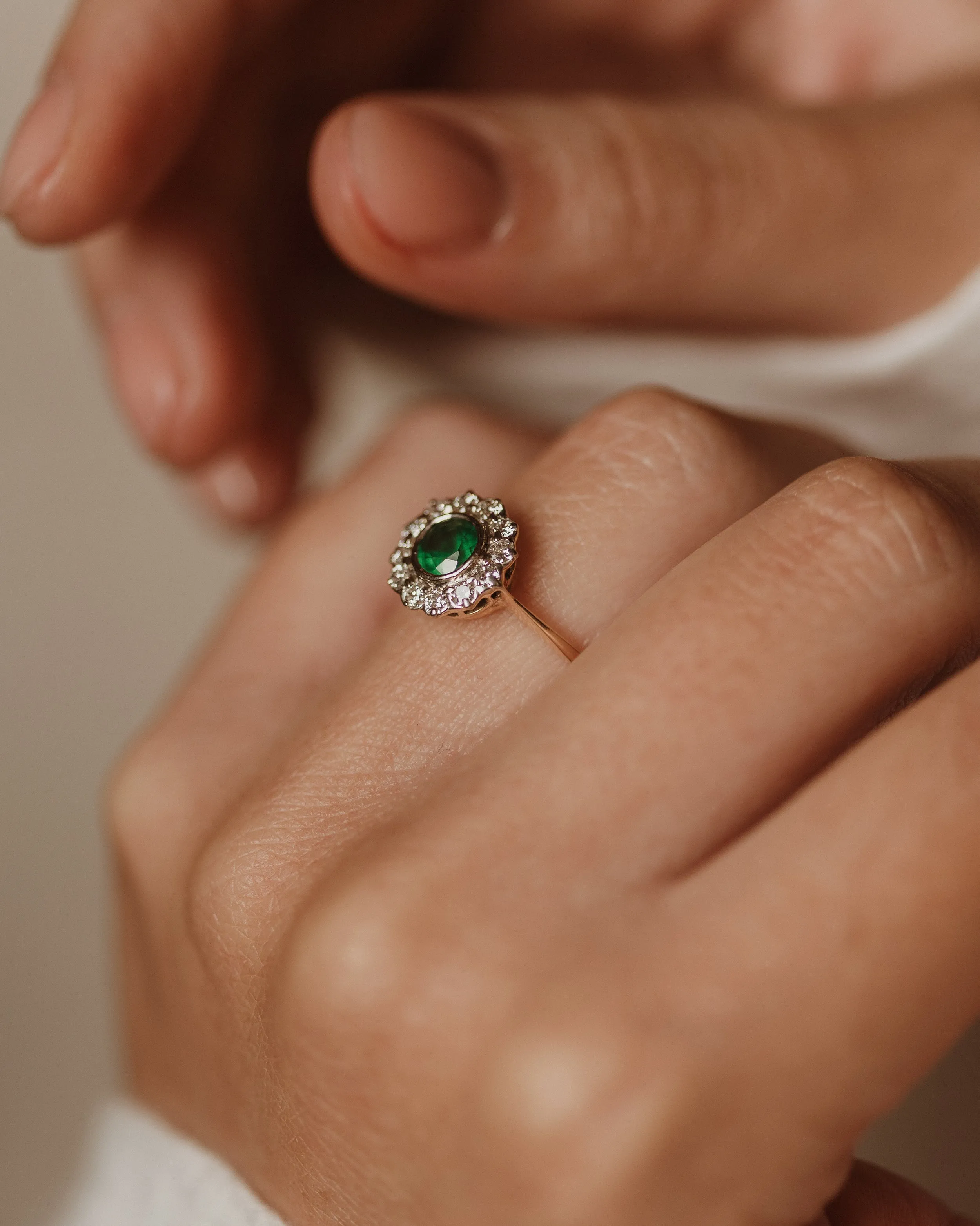 Sylvia Vintage 18ct Gold Emerald & Diamond Cluster Ring sold by Rock n Rose product image thumbnail 3