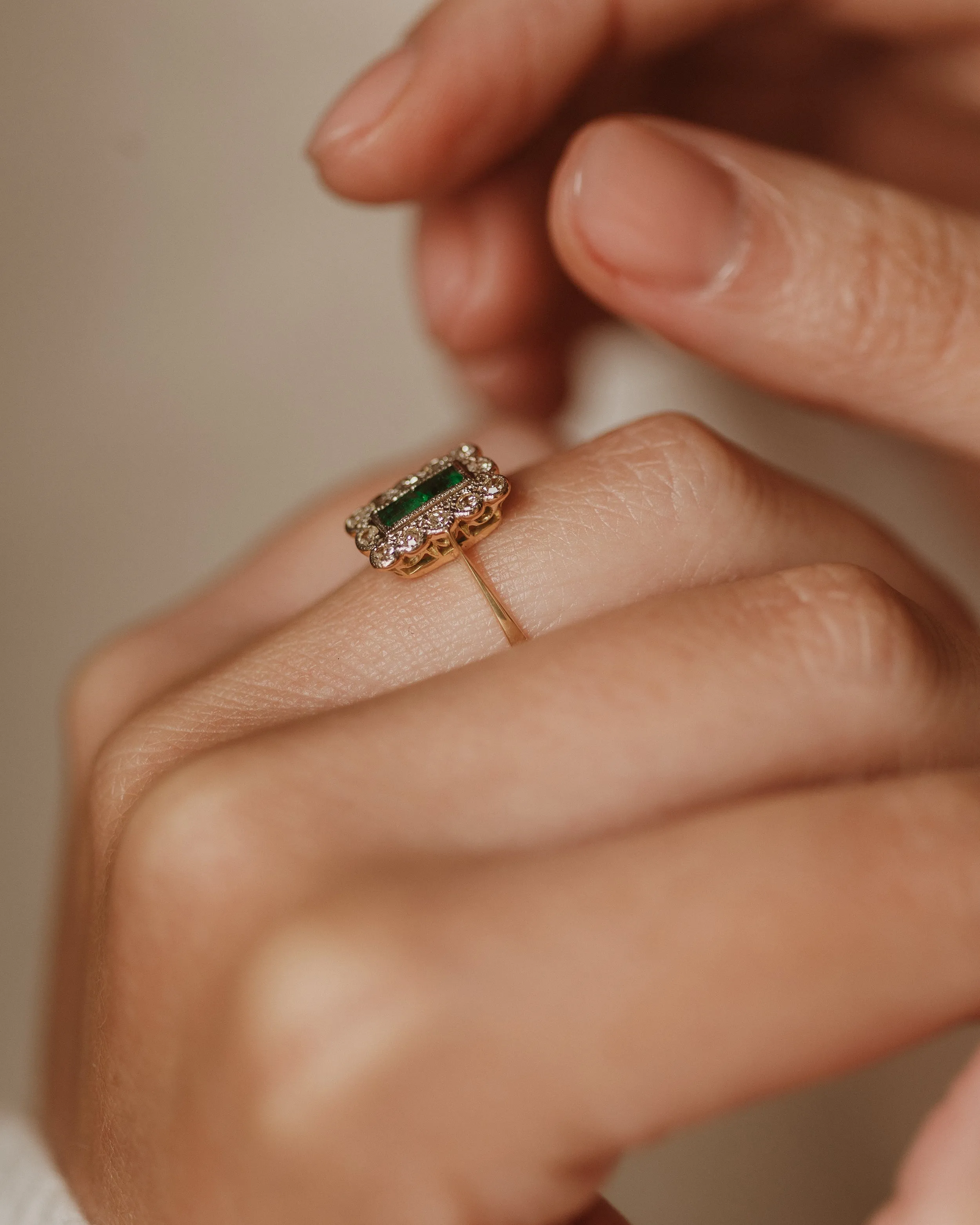 Alma Antique Art Deco 18ct Gold Emerald & Diamond Cluster Ring sold by Rock n Rose product image thumbnail 2