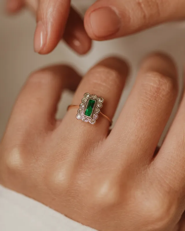 Alma Antique Art Deco 18ct Gold Emerald & Diamond Cluster Ring sold by Rock n Rose