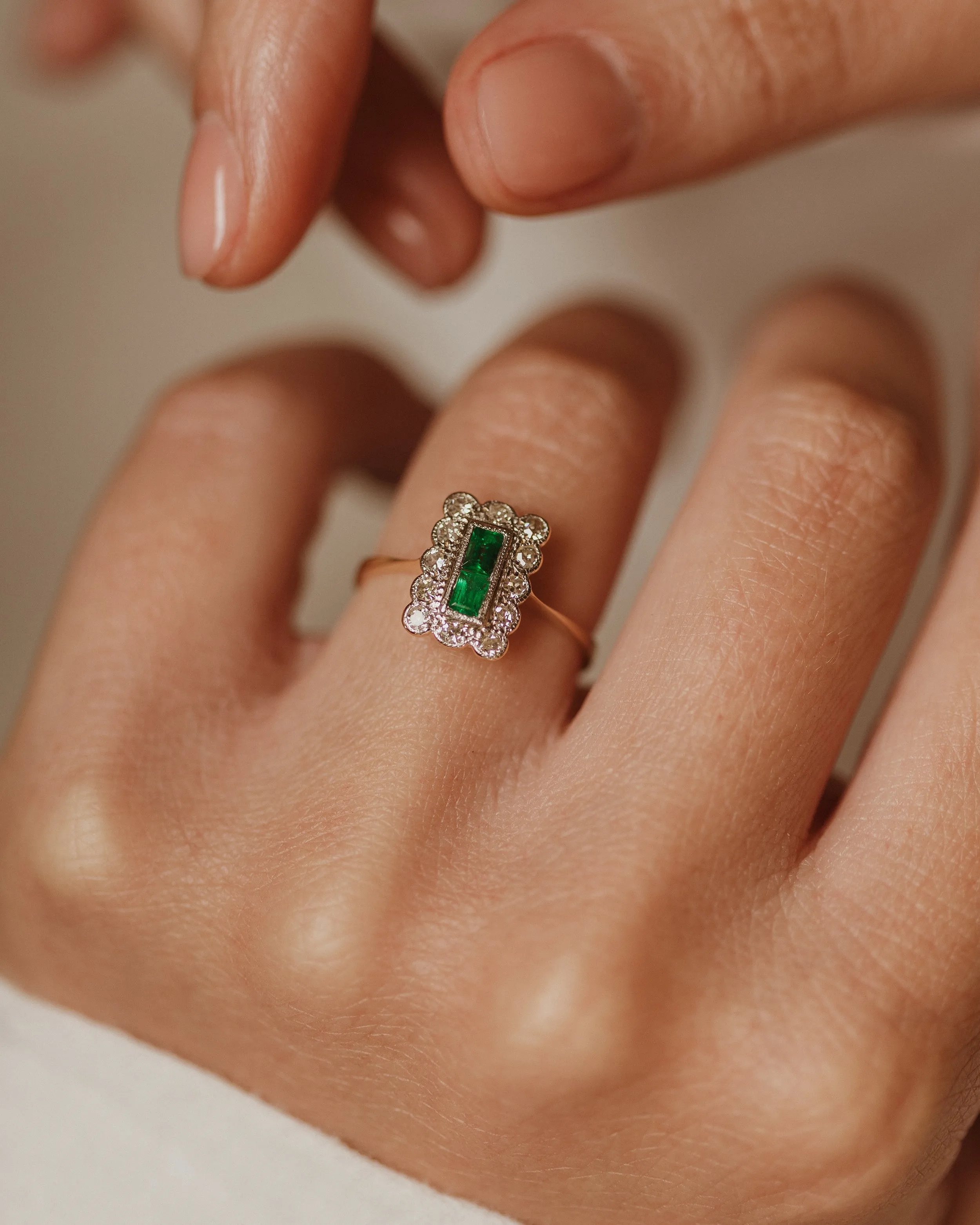 Alma Antique Art Deco 18ct Gold Emerald & Diamond Cluster Ring sold by Rock n Rose