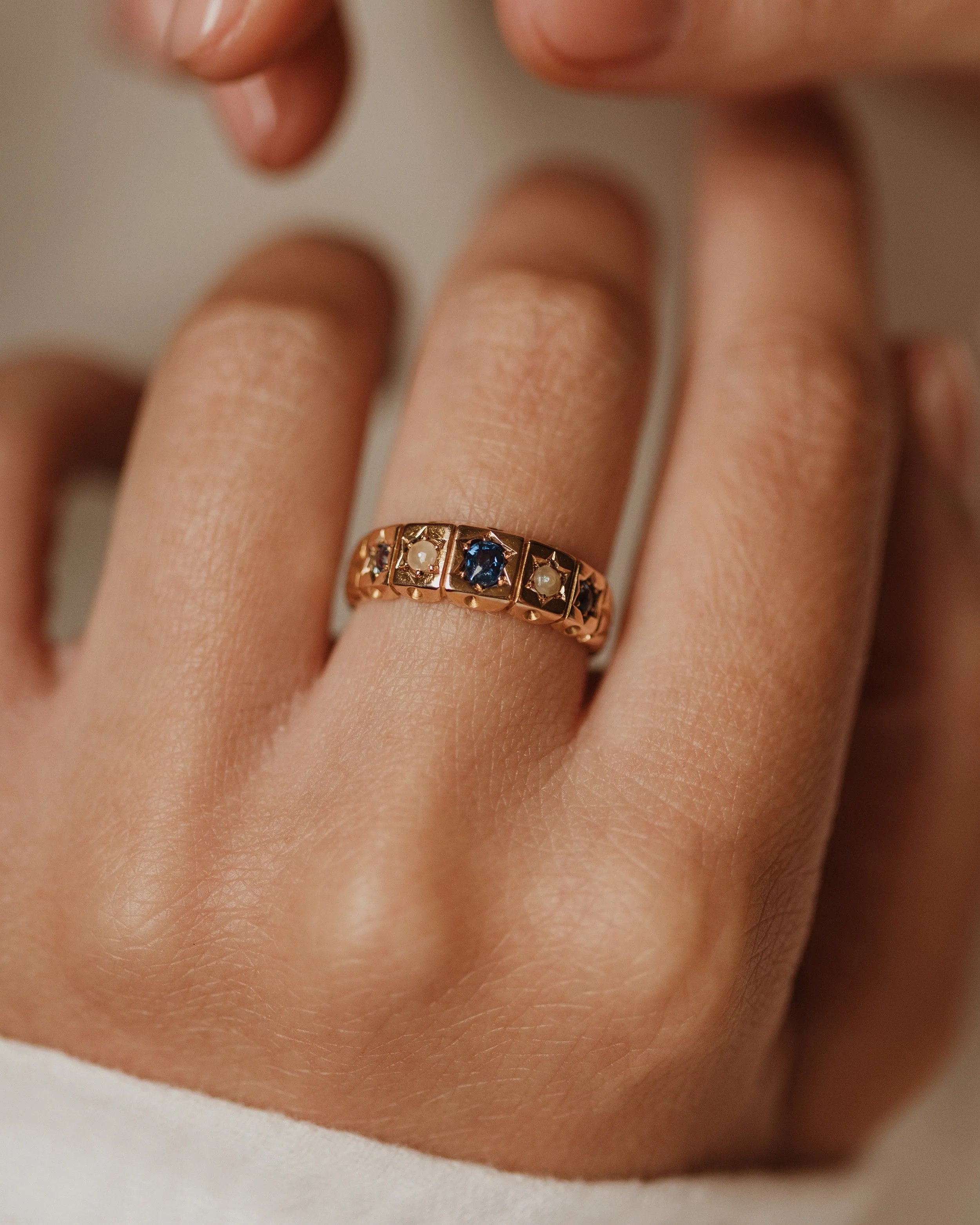 Audrey 1894 Antique 15ct Gold Sapphire & Pearl Five Stone Ring sold by Rock n Rose